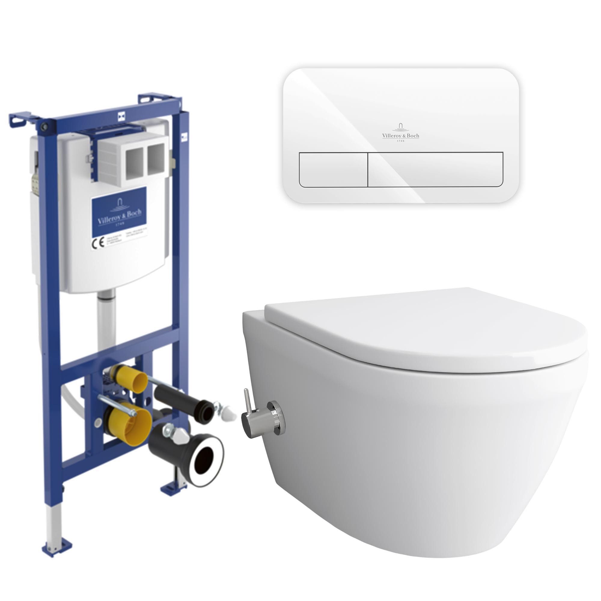 Alpenberger Vorwandelement WC Set Komplett: Dusch WC + Villeroy & Boch Spülkasten Betätigungsplatte, Easyclean WC Deckel mit Softclose, Tiefspüler WC mit Warm-Kalt-Mischer, Keramik Wand WC mit Bidet Funktion