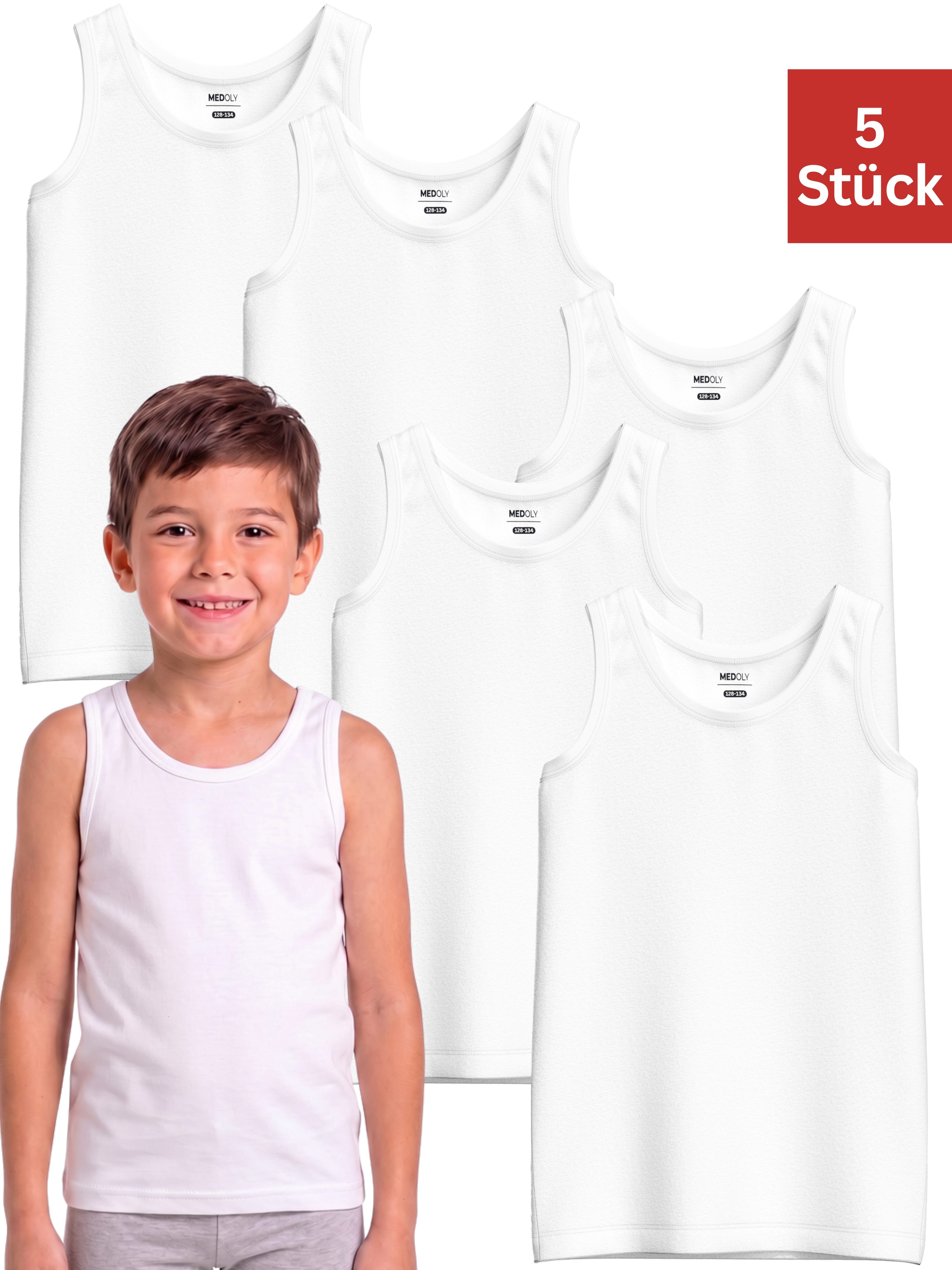MEDOLY Unterhemd für Jungen (5-Pack) aus 100% Baumwolle, Tanktop, Wäsche für Kinder aus hochwertiger 100% Baumwolle, ohne kratzendes Nackenetikett