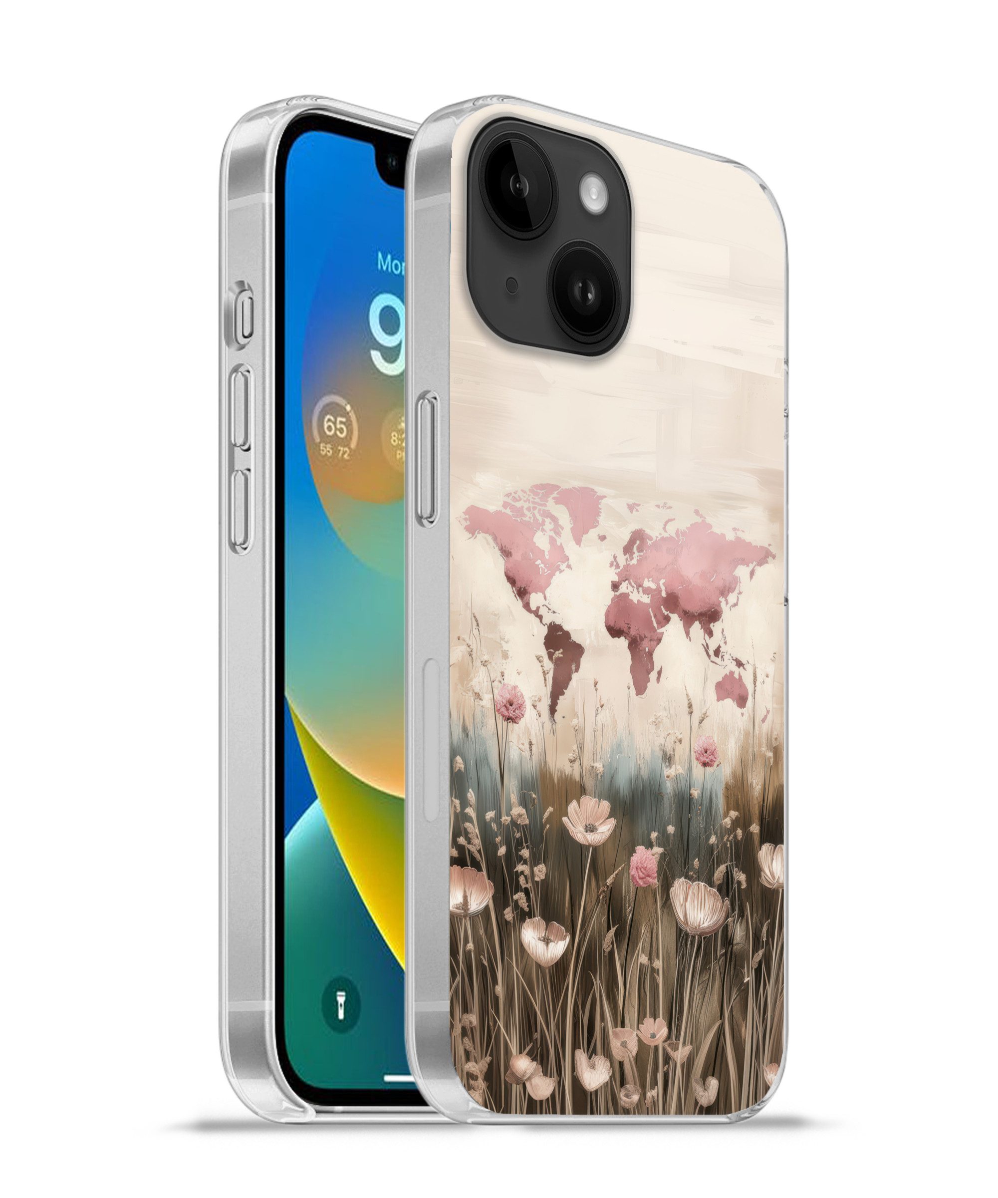 MuchoWow Handyhülle für Apple iPhone 14 Weltkarte - Rosa - Blumen, Smartphone-Bumper, Print, Handy Schutzhülle Dünn