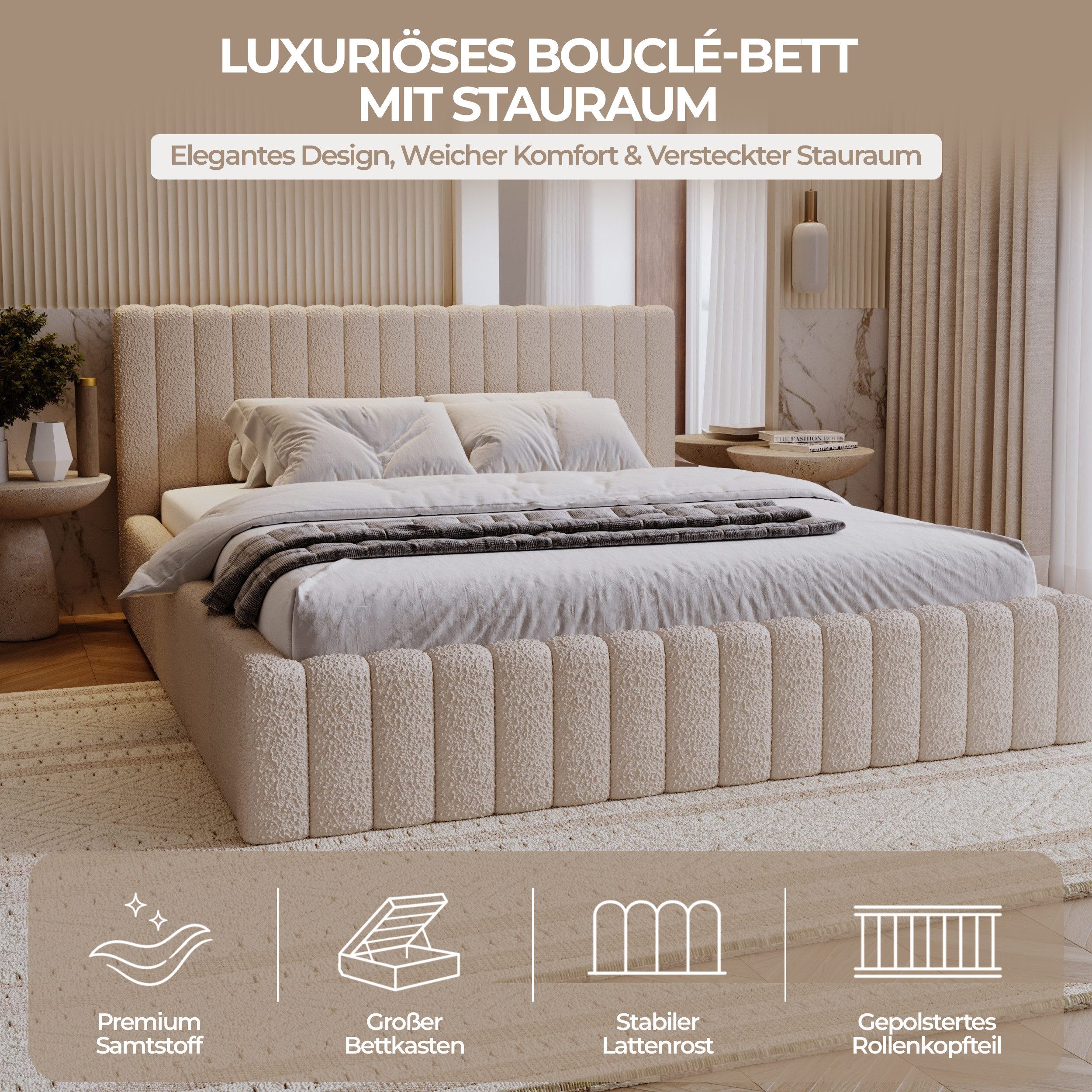Goldstoff Polsterbett mit Bettkasten und Lattenrost (Boucle-Stoff in "Lammfell", Designerbett, Wolkenbett, Stauraumbett- 140/160/180x200), Erhältlich in 3 Größen und 6 Farben