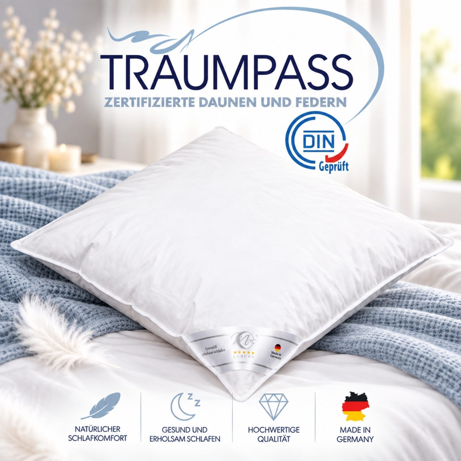 MOON Heimtextilien Gänsefederkopfkissen Luxury Traumpass-zertifiziert, Füllung: Silberweiße neue Gänsefedern und Daunen der Klasse 1 (kein Lebendrupf), 90% Feder 10% Daune, Made in Germany