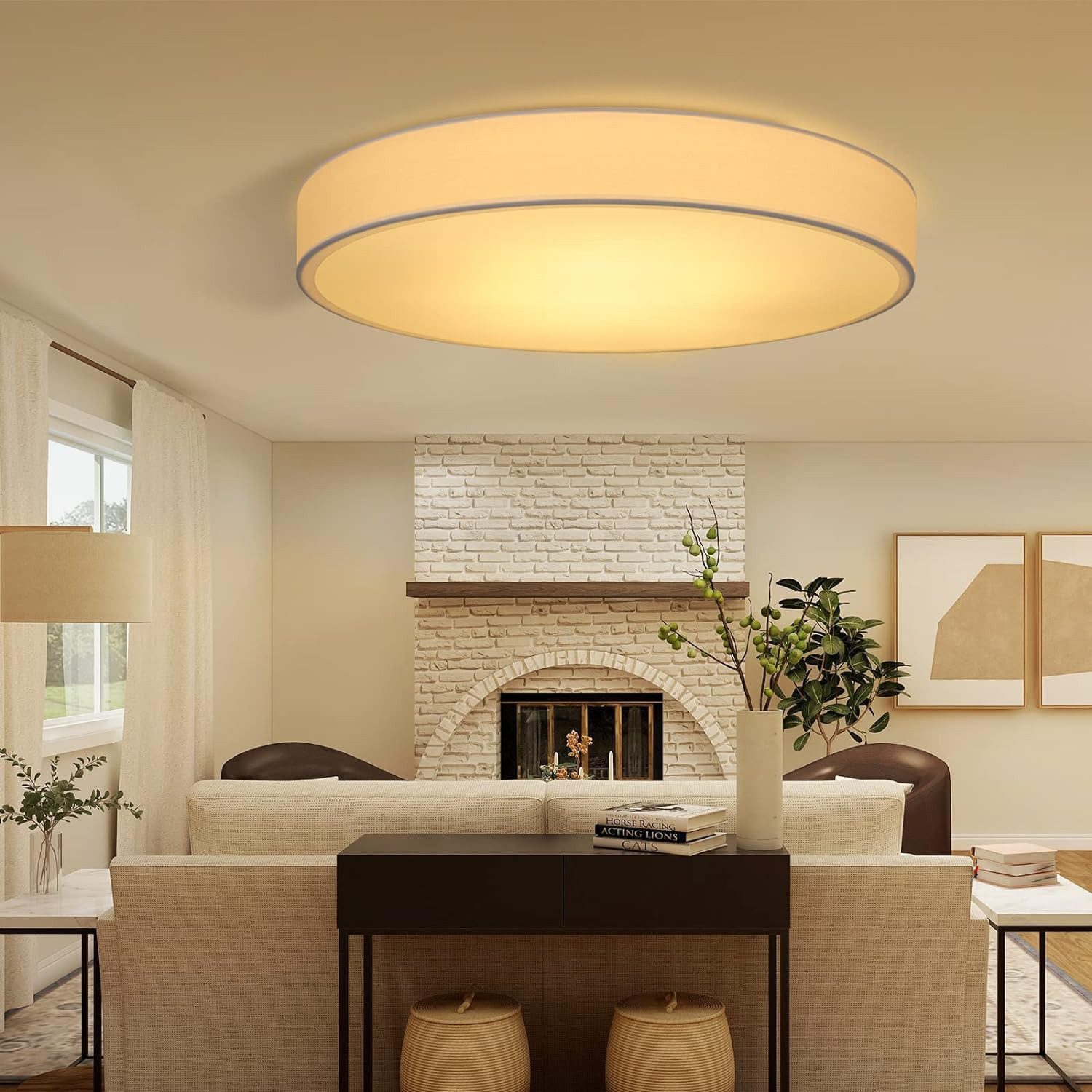 ZMH LED Deckenleuchte mit Fernbedienung Weiß Rund mit Stoffschirm Wohnzimmer Schlafzimmer, LED fest integriert, 3000-6500k
