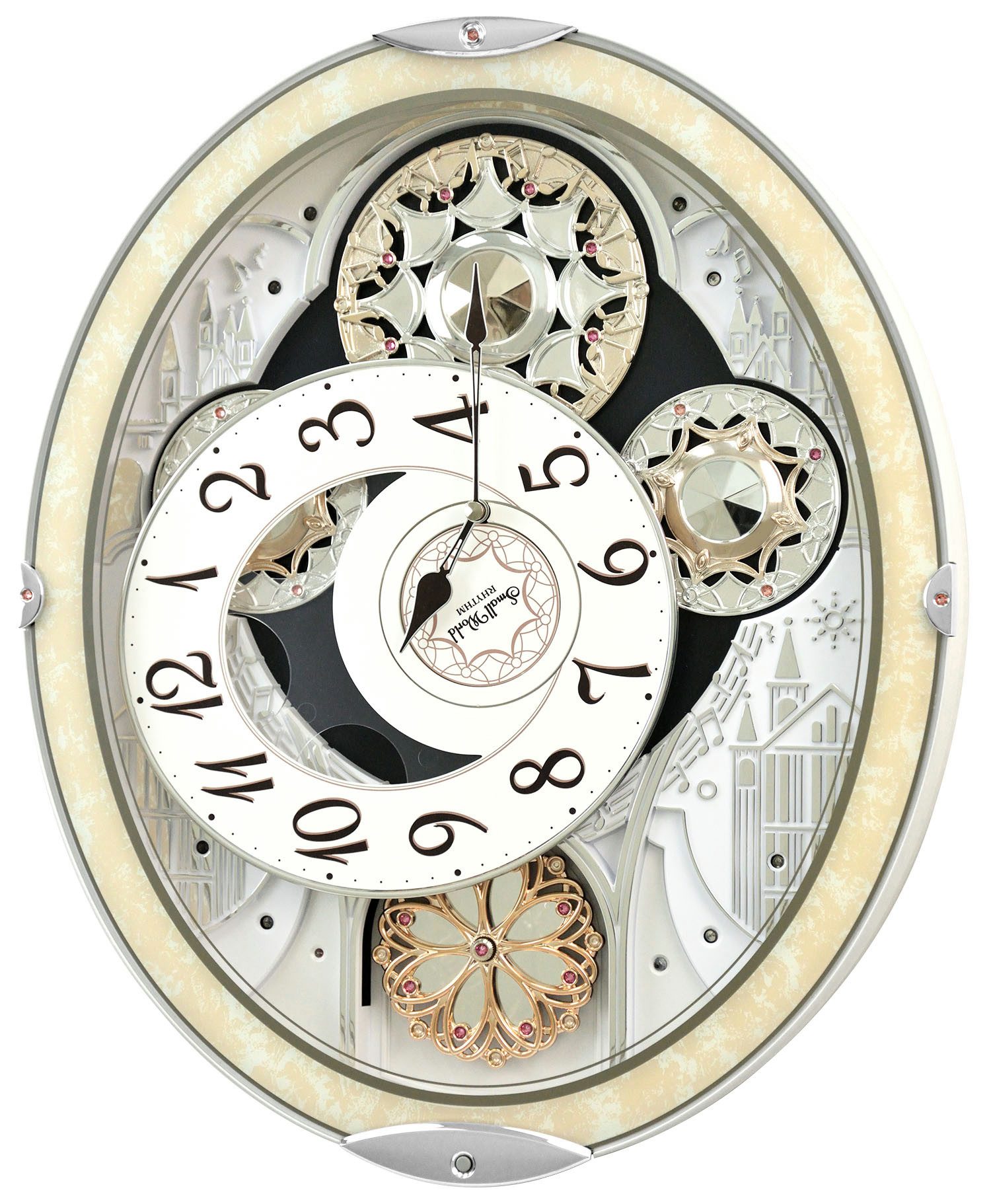 Rhythm Wanduhr MAGIC MOTION CLOCK Rhythm 7447 bewegliches Zifferblatt (30 Melodien, Lautstärkenregler, Nachtsensor)