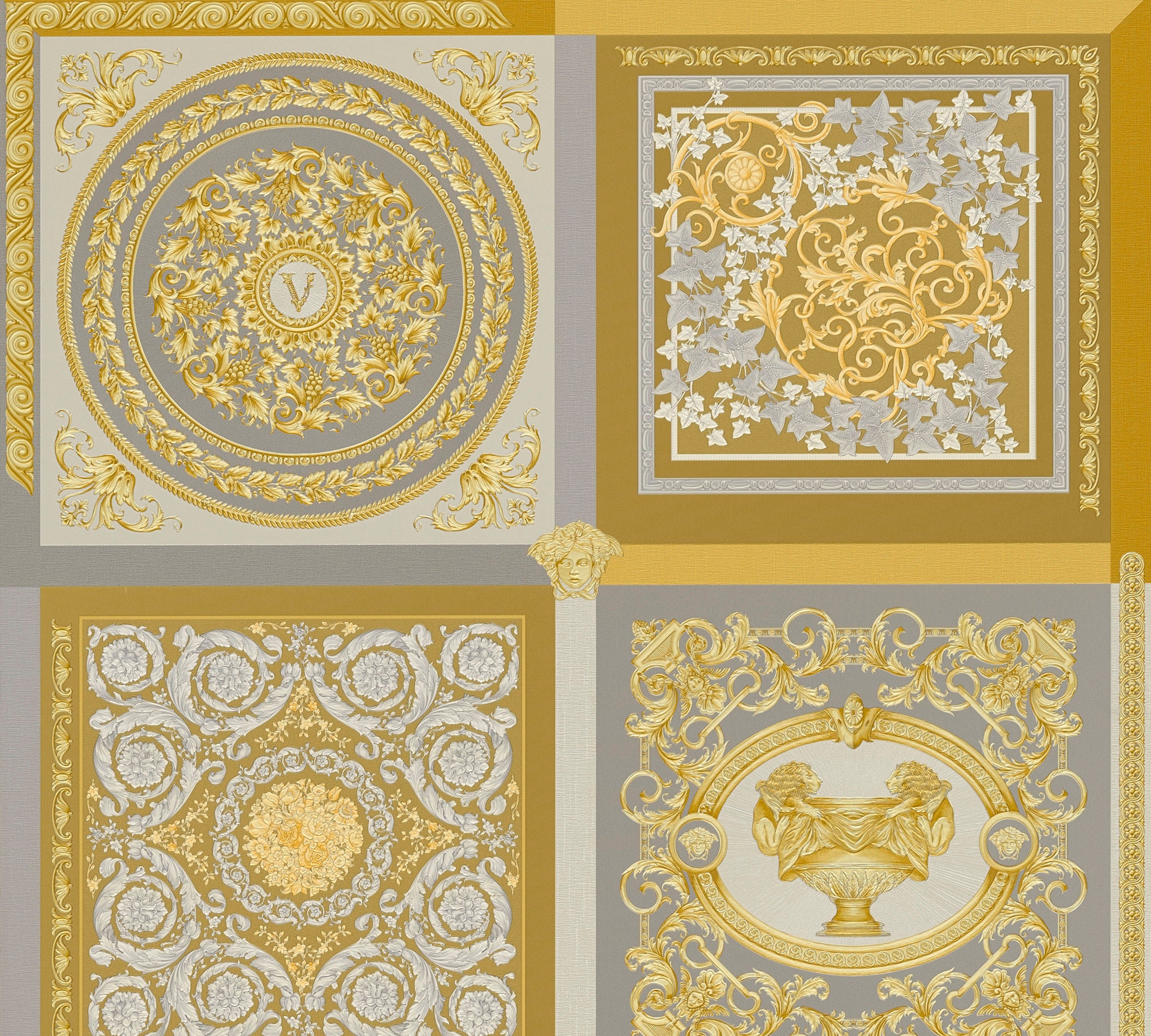 Versace Vliestapete Wallpaper Versace 5 Design Patchwork, leicht strukturiert, leicht glänzend, (1 St), auffallende Fliesen-Tapete goldfarben/silberfarben/grau