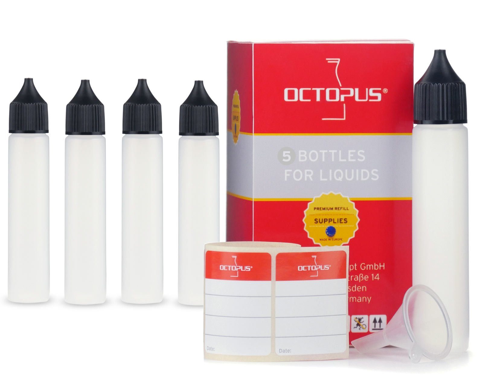 OCTOPUS Kanister 5 Plastikflaschen 30 ml länglich aus LDPE, G18, Tropfeinsatz, Deckel (5 St) | Kanister