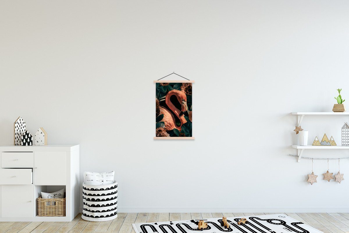 St), - Posterleiste, Wohnzimmer, (1 Porträt MuchoWow Textilposter Flamingo, Magnetisch Bilderleiste, - Blumen Poster für