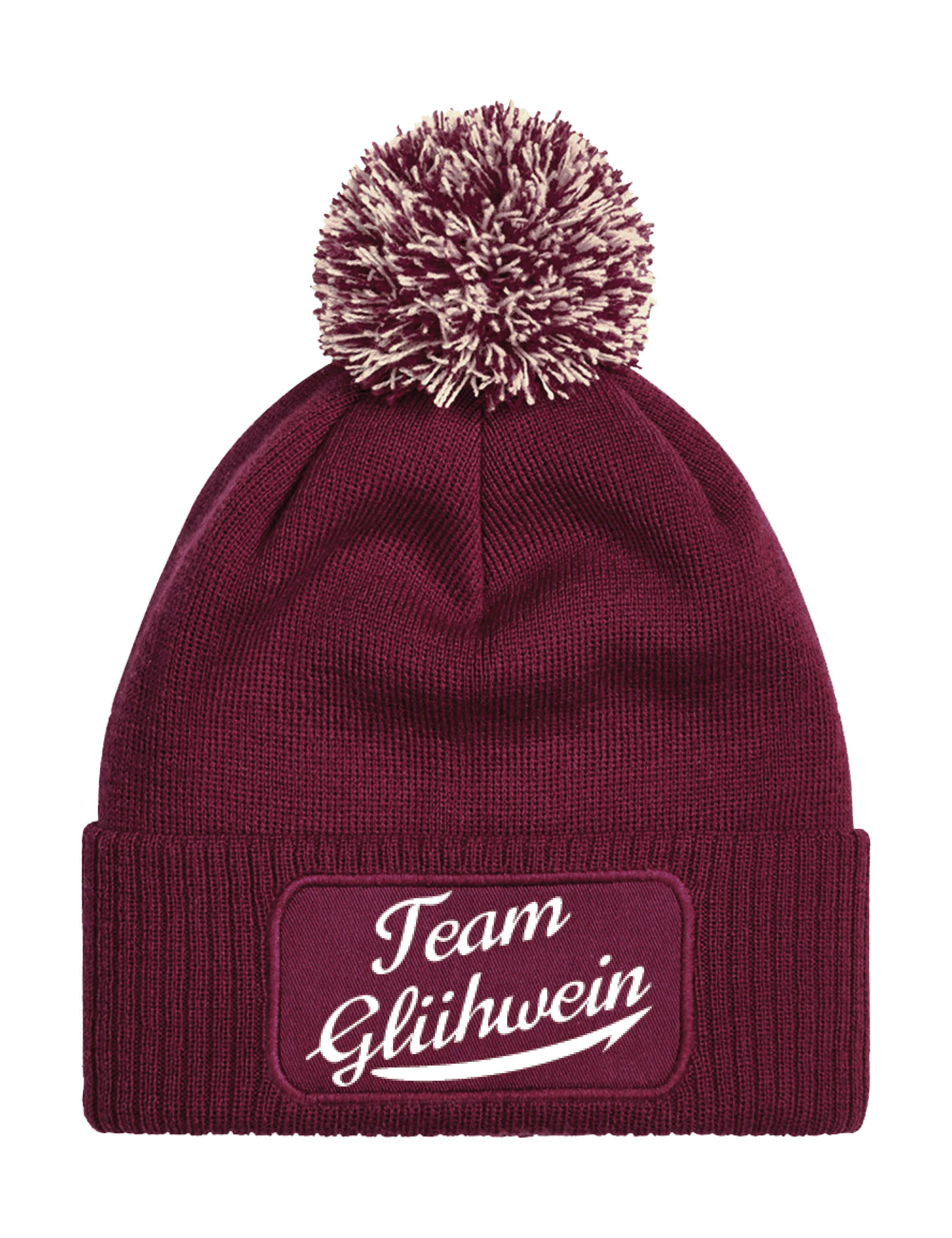 Beanie Unisex Strick Bommel Beanie Mütze mit Team Glühwein Aufdruck