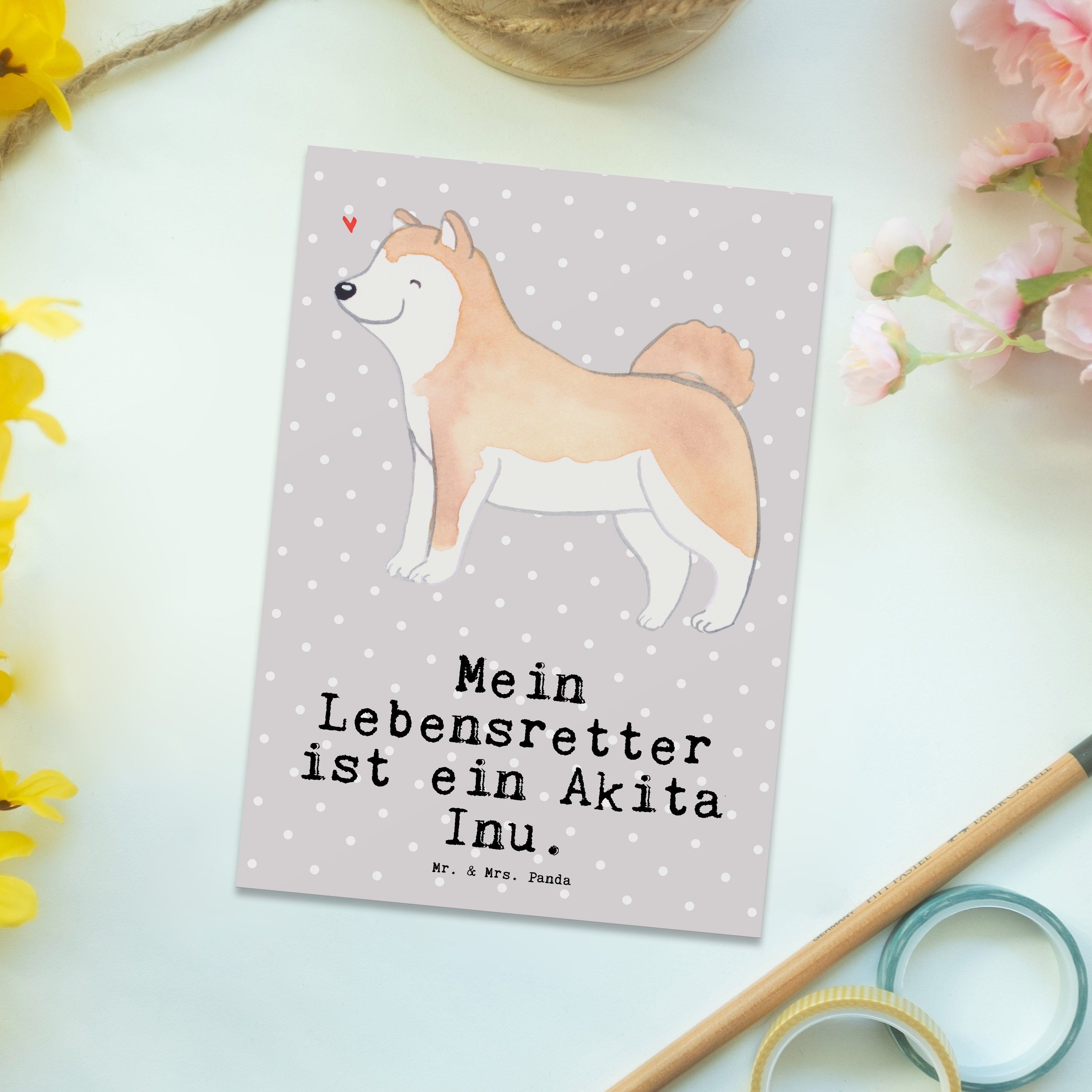 Panda Akita Mrs. Lebensretter - Inu Geschenk, Ansi Mr. Geschenkkarte, & Grau Pastell Postkarte -