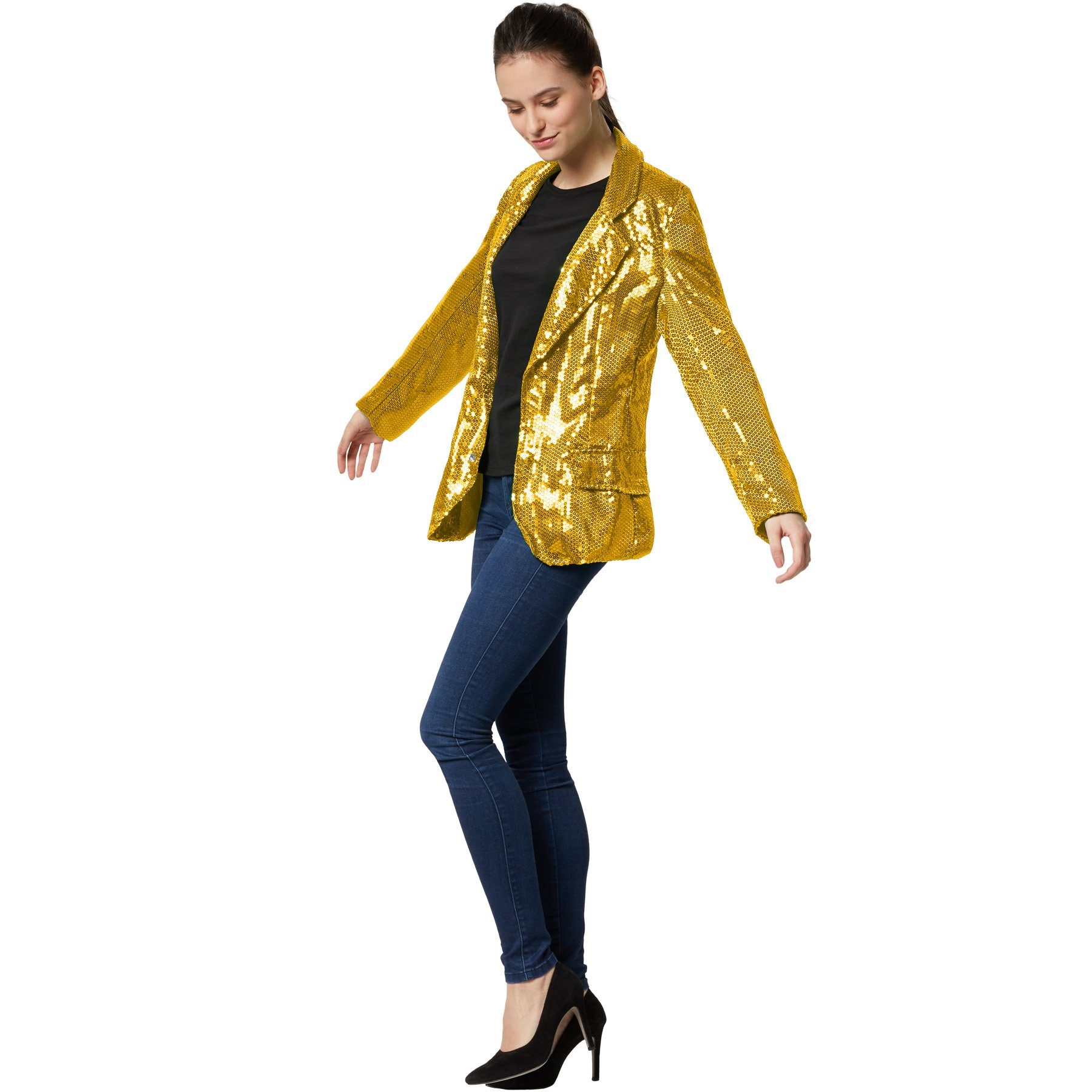 dressforfun Blouson Kurzjacke, Für viele Outfits und Anlässe, Ziertaschen an den Seiten (Bundjacke, Konfektionsgröße XL in gold) Damen-Jackett mit glitzernden Pailletten, Kragen & Knopf zum Schließen