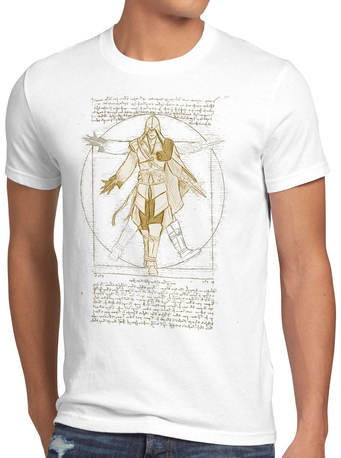 style3 Print-Shirt Herren T-Shirt Vitruvianischer Assassine desmond miles weiß