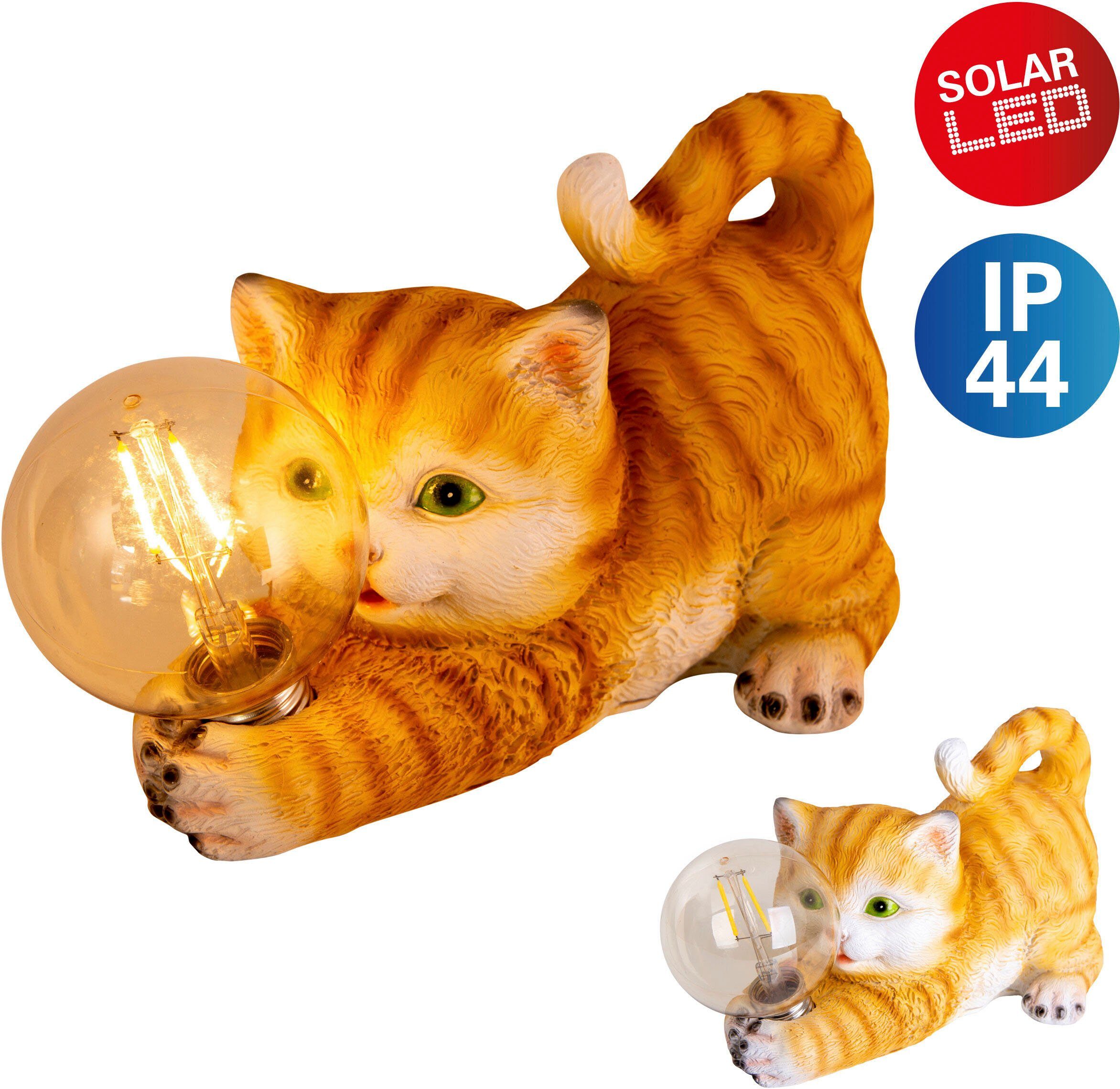 näve LED Solarleuchte Katze, LED fest integriert, Warmweiß, süße gestreifte Katze mit beleuchteter Kugel und warmweißem Licht | Solarleuchten