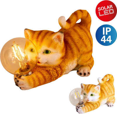 näve LED Solarleuchte Katze, LED fest integriert, Warmweiß, süße gestreifte Katze mit beleuchteter Kugel und warmweißem Licht