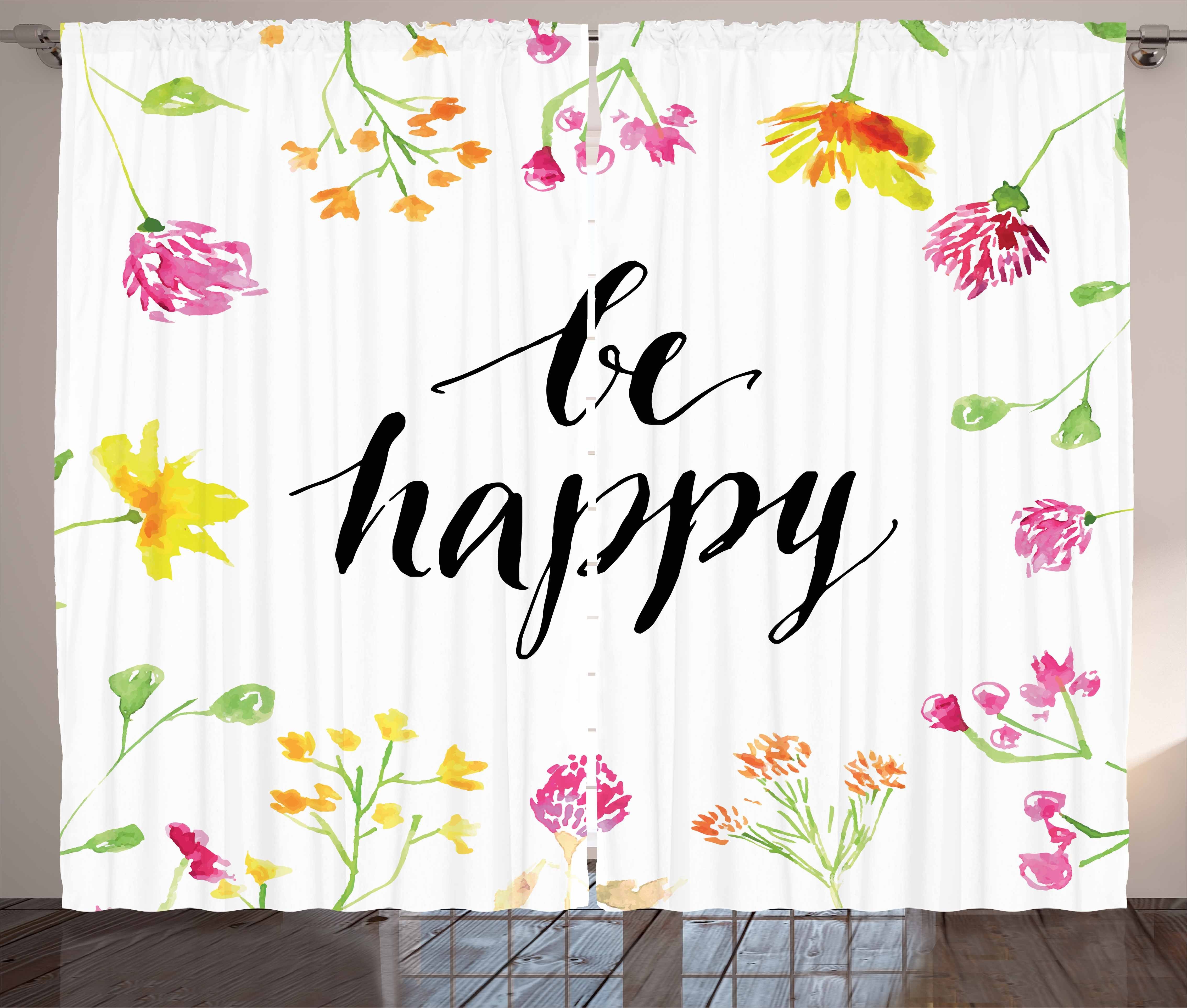 Gardine Schlafzimmer Kräuselband Vorhang mit Schlaufen und Haken, Abakuhaus, Zitat Be Happy Wildblumen