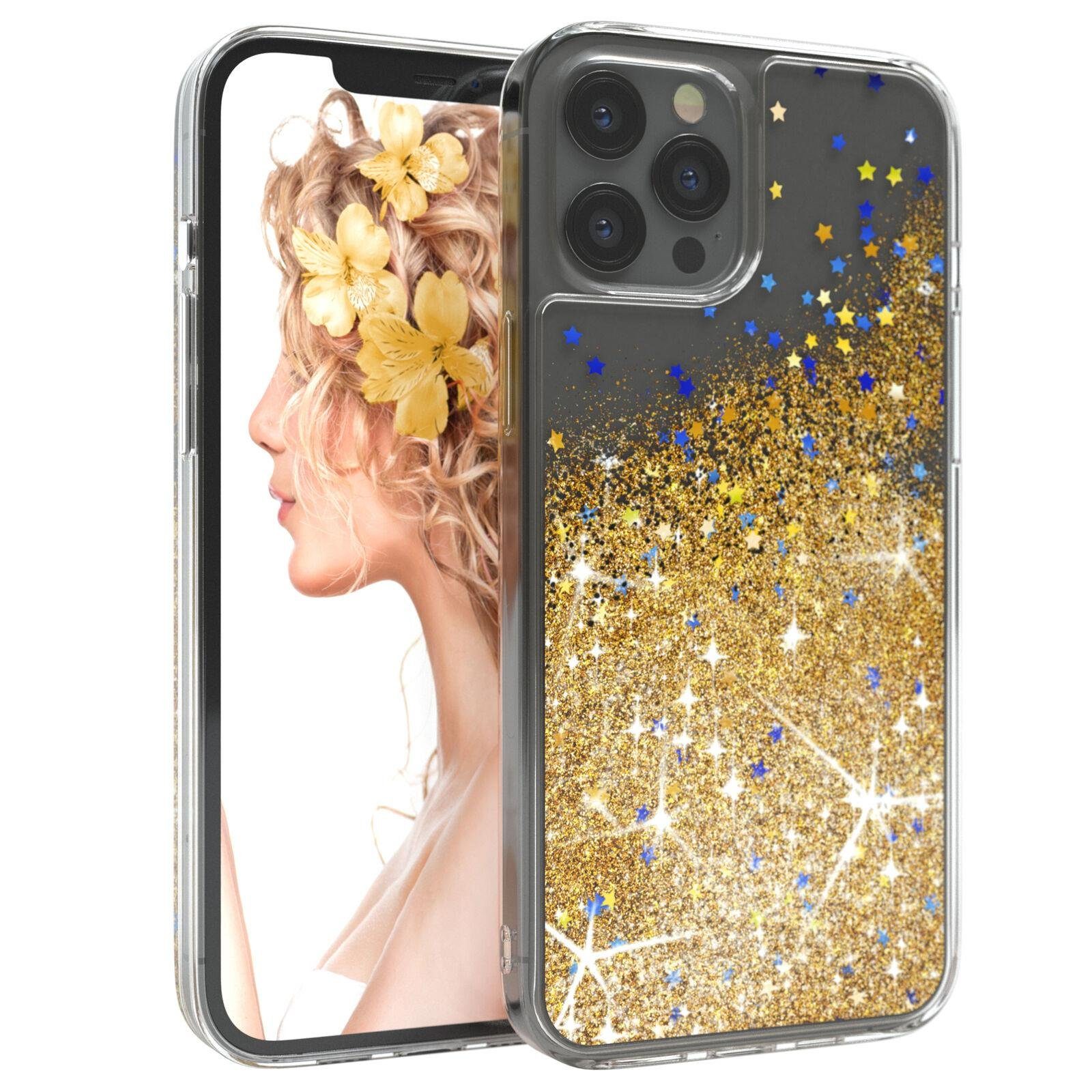 EAZY CASE Handyhülle Liquid Glittery Case für Apple iPhone 12 Pro Max 6,7 Zoll, Durchsichtig Back Case Handy Softcase Silikonhülle Glitzer Cover Gold