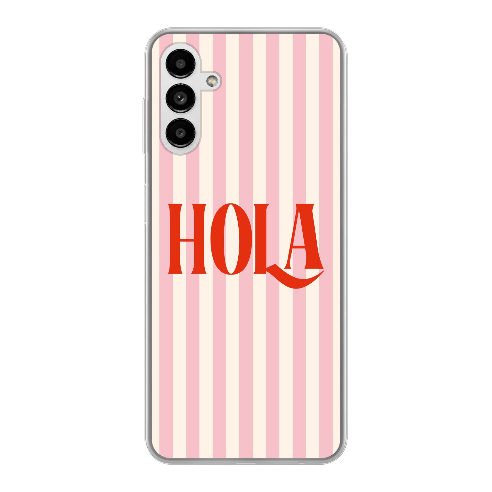 MuchoWow Handyhülle für Samsung Galaxy A13 5G Hola - Zitat - Streifen - Pastell - Rosa - R, Smartphone-Bumper, Print, Handy Schutzhülle Dünn