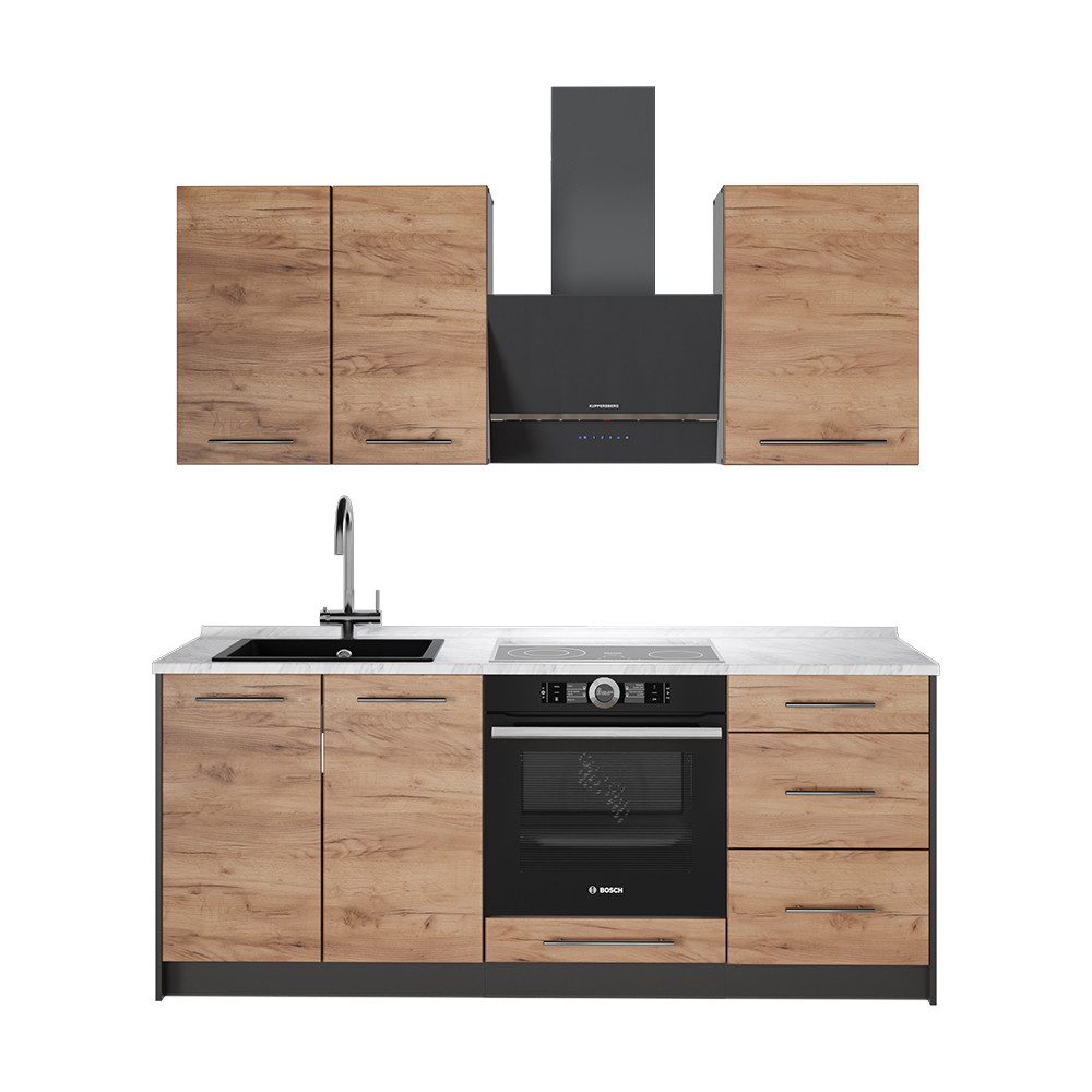 Vicco Küchenzeile Fame-Line, Goldkraft Eiche/Weiß, 190 cm, AP Marmor