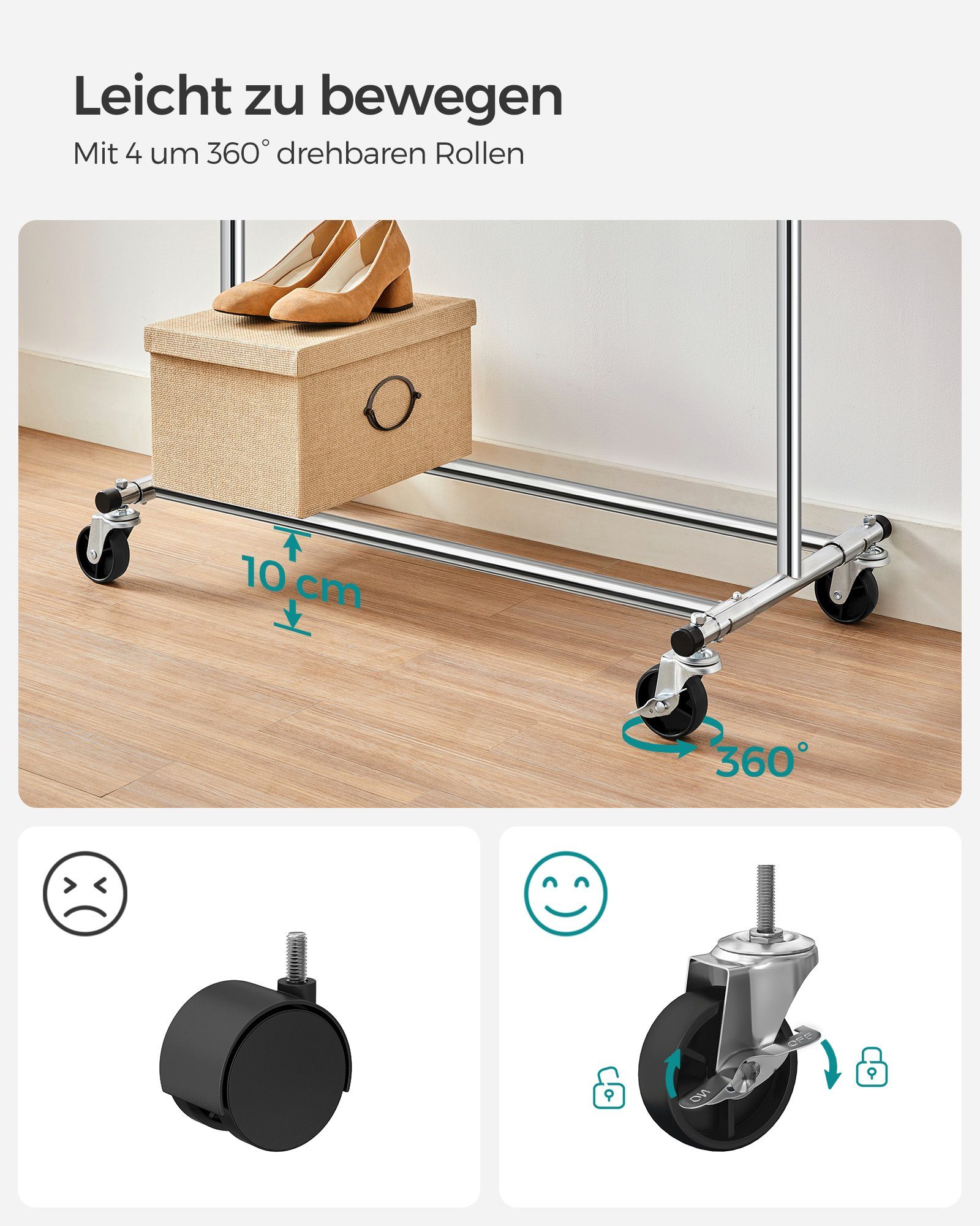 SONGMICS Kleiderständer Schwerlast-Garderobenständer ausziehbare Kleiderstange, bis 90 kg belastbar, einfache Montage, auf Rollen, transportabel – Bild 4 von 5