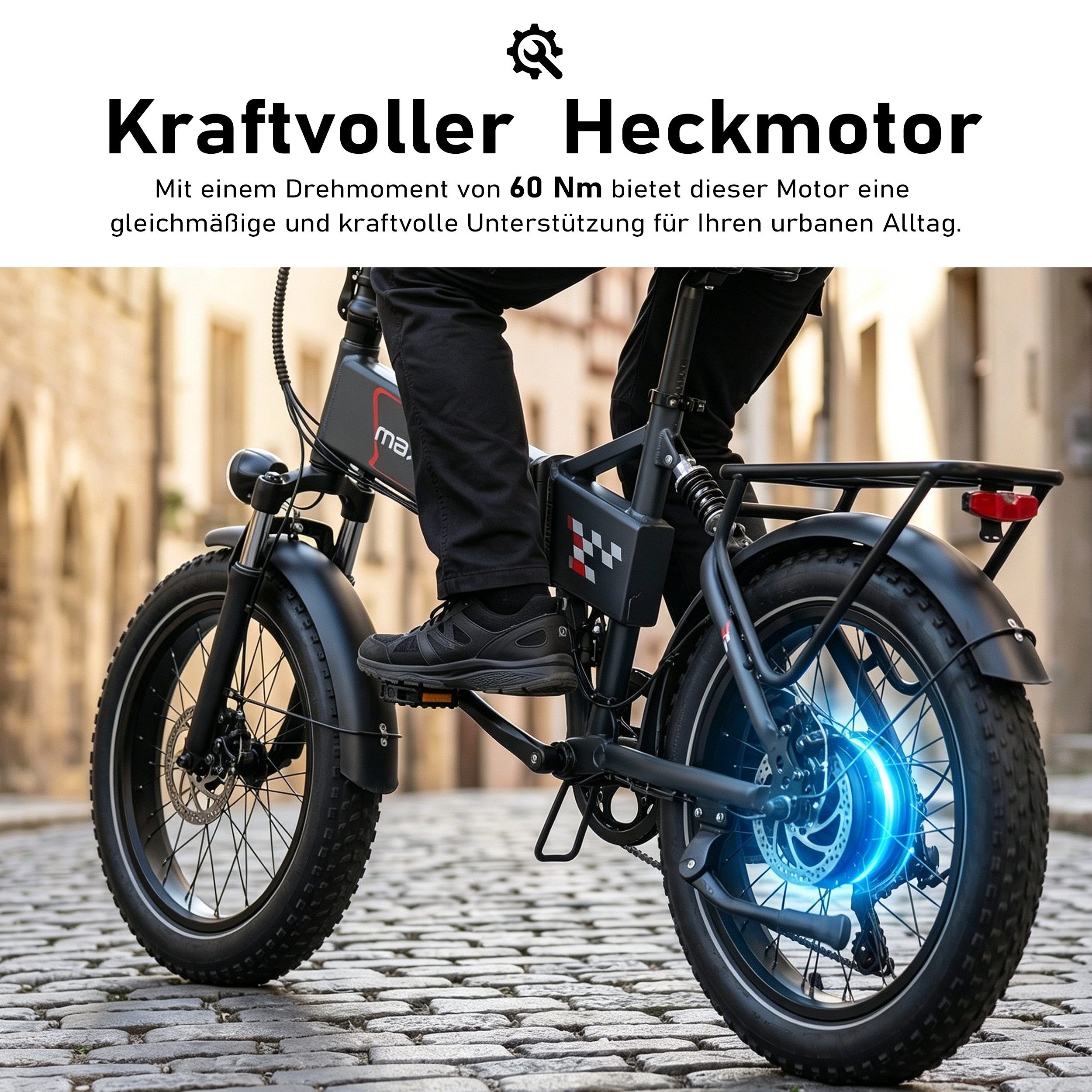 Maxtron E-Bike Klapprad Maxtron Polaris 20-Zoll Elektro-Fatbike, 7 Gang Shimano, Kettenschaltung, Heckmotor, 624 Wh, (Packung), mit 60 Nm Power – perfekt für City-Pendler