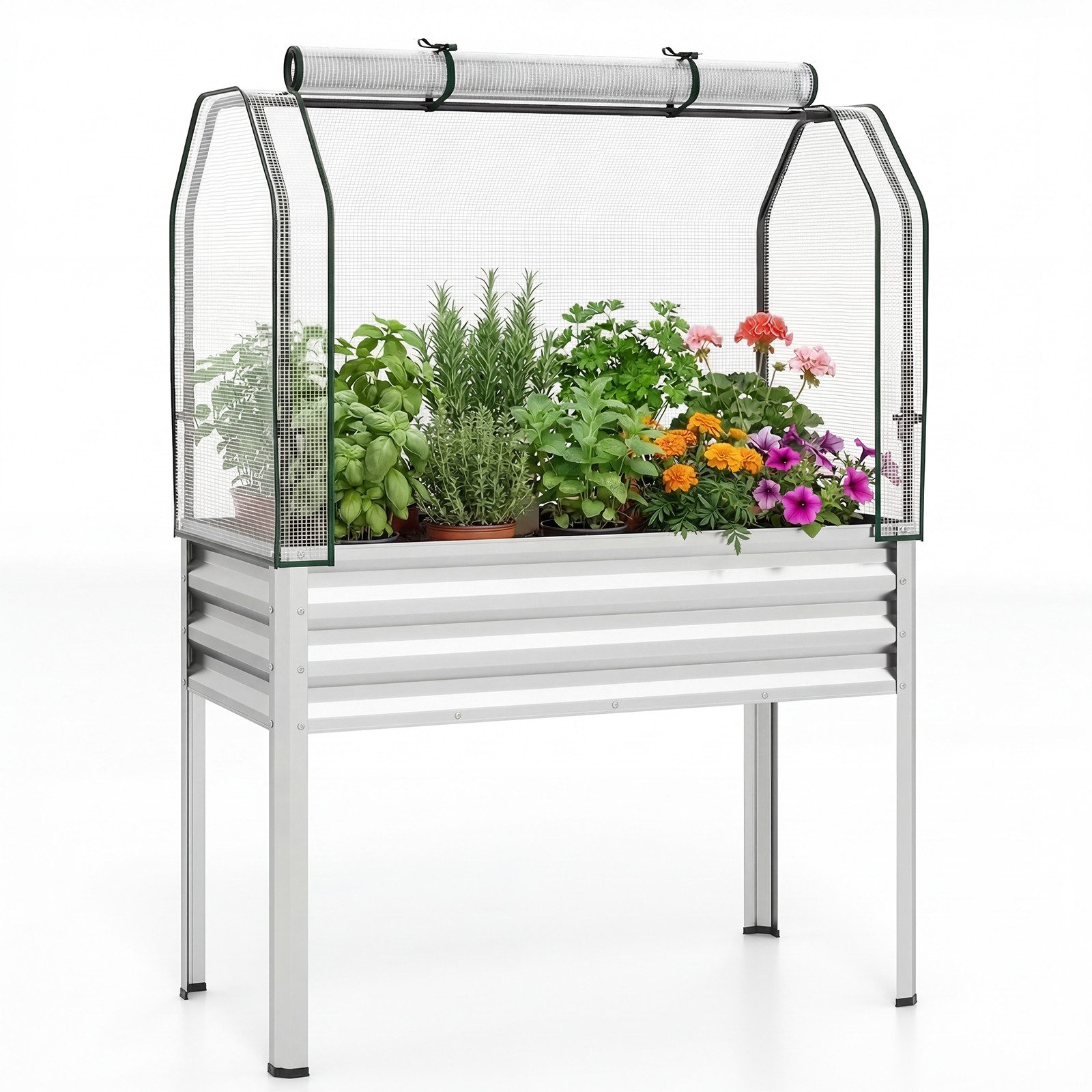 COSTWAY Hochbeet (1 St), Gartenbeet Gewächshaus, mit rollbarer Tür, PE-Abdeckung