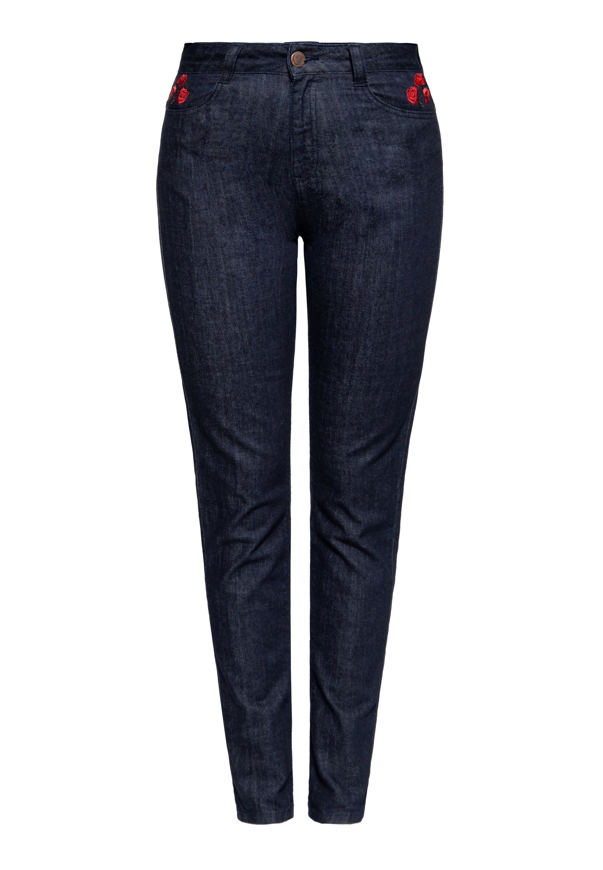 QueenKerosin Slim-fit-Jeans Roses (1-tlg) mit kontrastierter floraler Rosen Stickerei im Western-Style