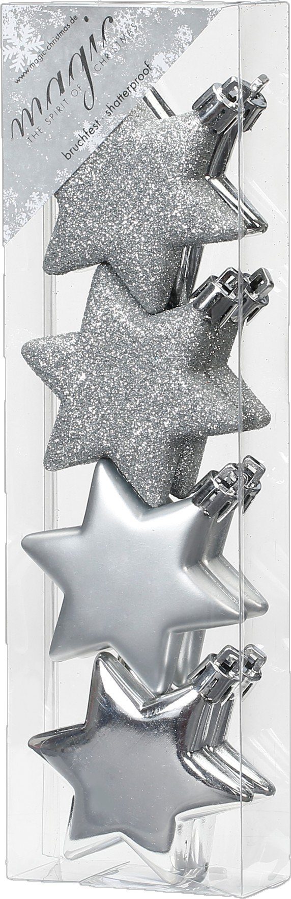Holly & Jolly Christbaumschmuck, Christbaumschmuck Sterne 6cm Kunststoff 8er Set - Silber