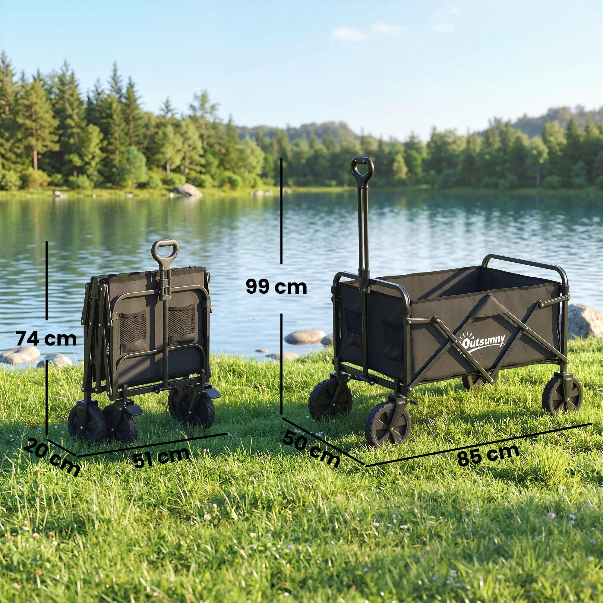 Outsunny Fahrradlastenanhänger Faltbarer Bollerwagen mit Verstellbarer Griffhöhe Getränkehalter, bis 80 kg Tragkraft, für Sport, Einkauf, Camping, Schwarz