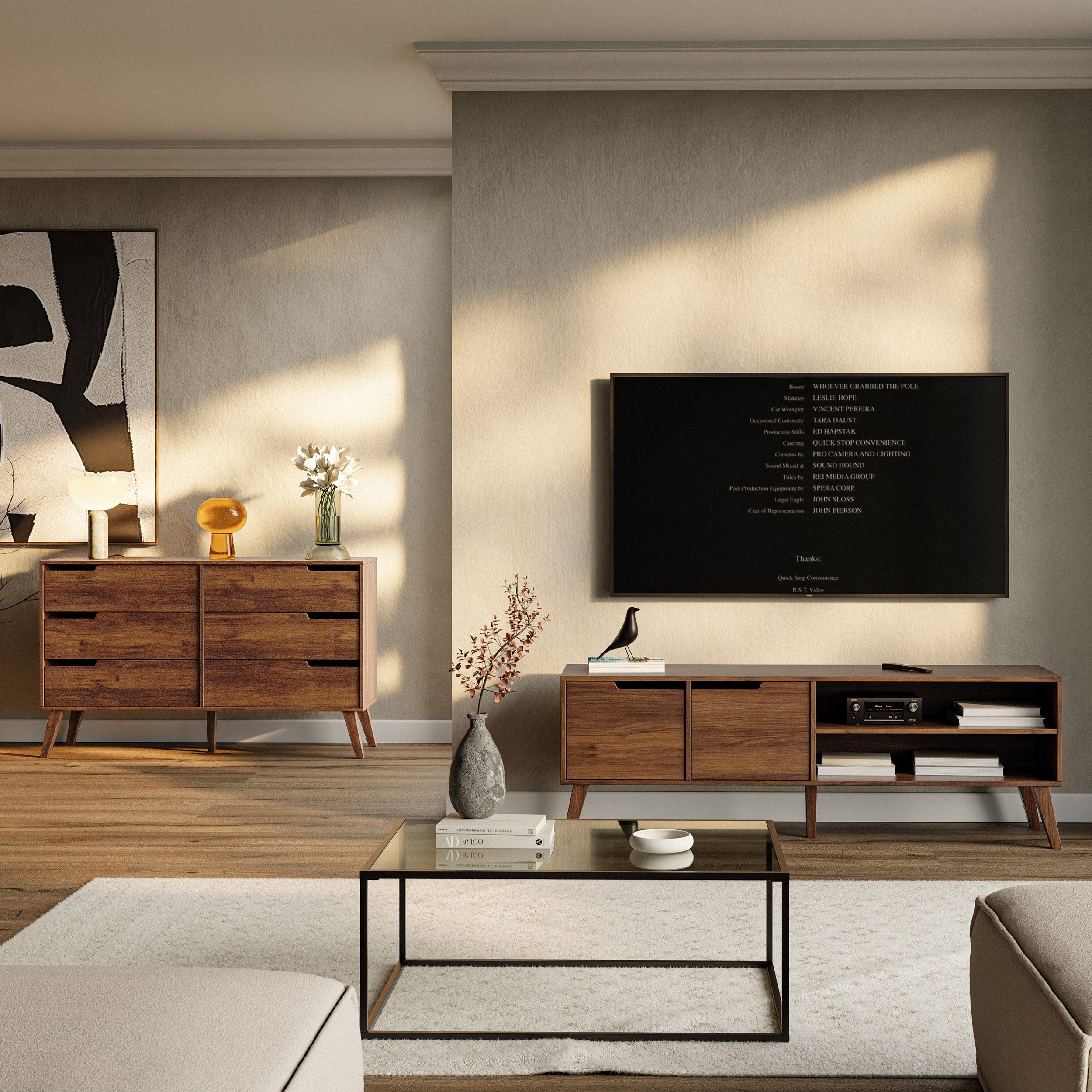 Beautysofa TV-Schrank NOREL kompaktes Design mit zwei Schränken und offenen Seitenfächern (erhältlich in Braun Walnuss & Cashmere) Breite: 160 cm – Bild 4 von 4