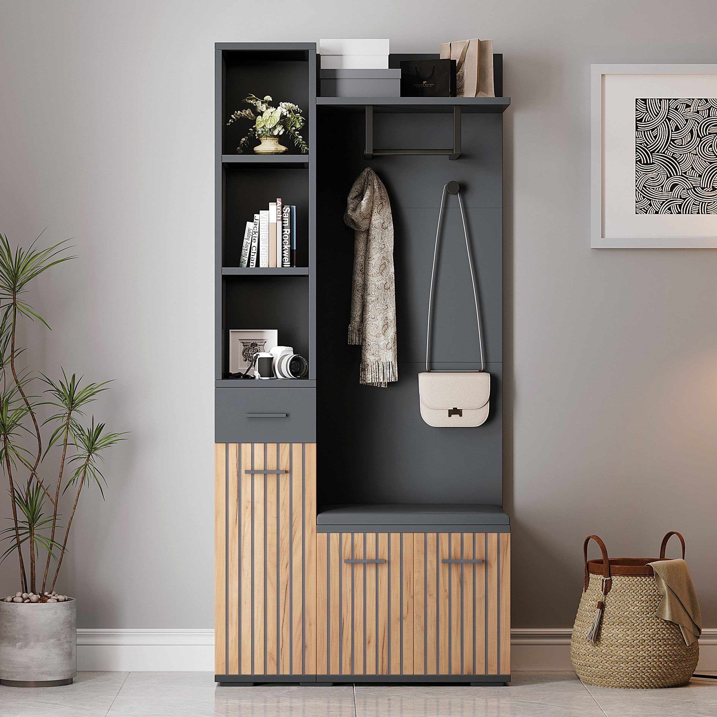 Merax Garderoben-Set 7-in-1 Kompaktgarderobe Flurmöbel in Schwarz-Holz, (Garderobenkombination Möbelset, 1-St., 80x35x175 cm), Sitzbank Schränken Schublade Abla – Bild 3 von 5