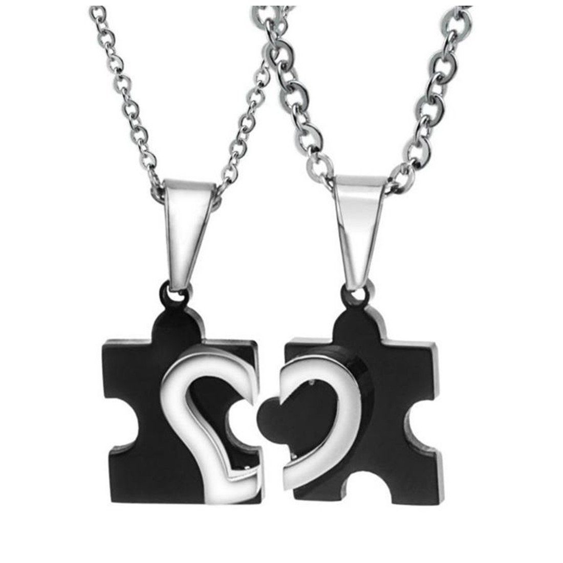 KARMA Partnerkette Paarkette Liebe modern Puzzle schwarz Silber Pärchenschmuck Herz (Halskette für Sie & Ihn, 2-tlg), Paarkette Liebe modern Liebeskette