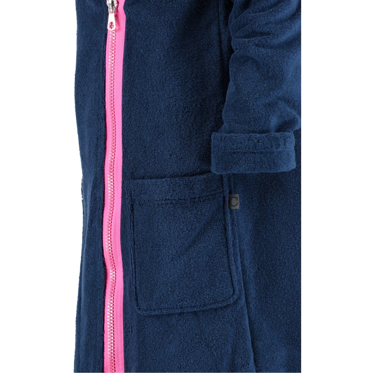 Cawö Zipper Damenbademantel Kapuze, Baumwolle, Kurzform, Reißverschluss, navy 6116, pink 133