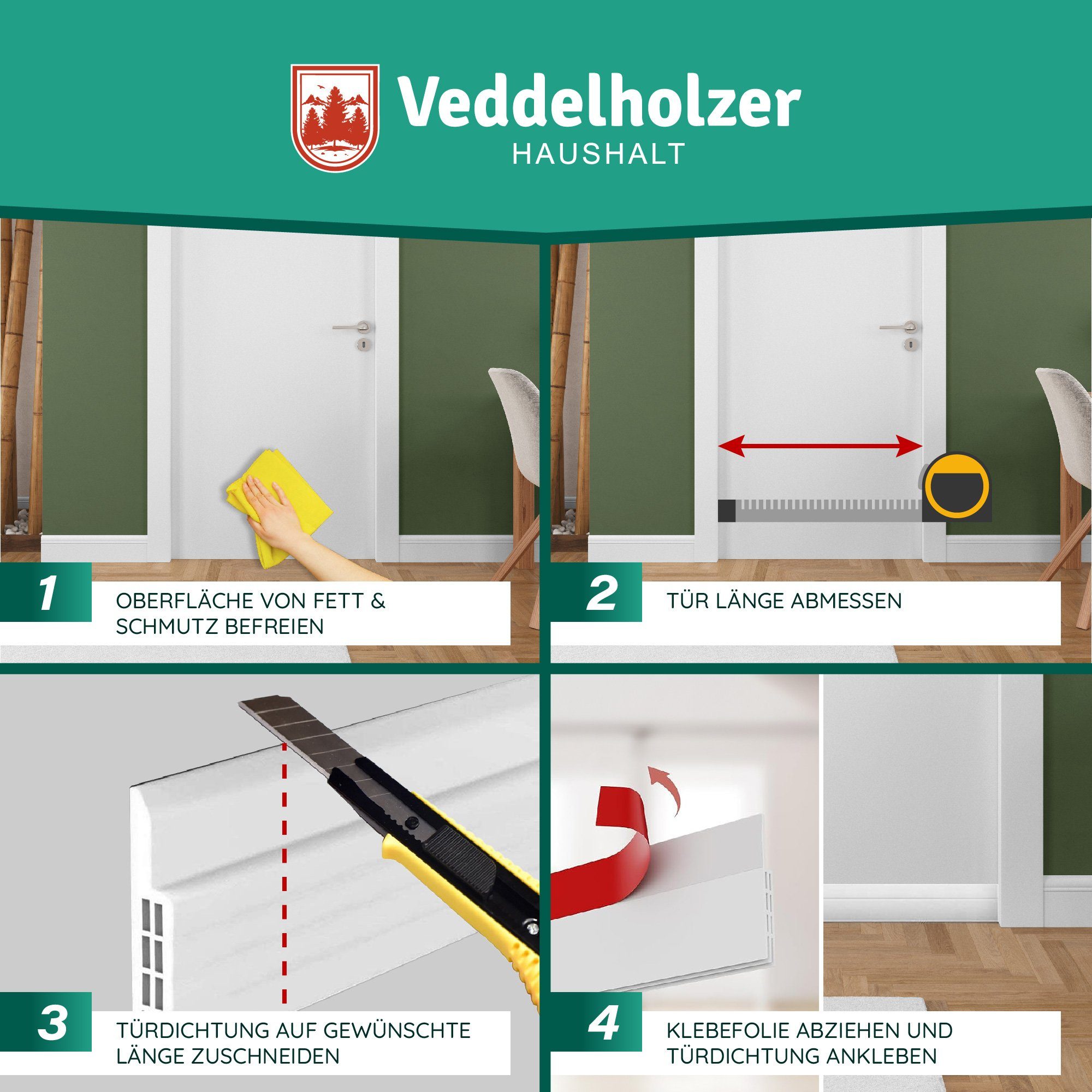 Veddelholzer Türbodendichtung 2 x 1 m zuschneidbar Türdichtung selbstklebend Zugluftstopper, (perfekter Schallschutz Tür sowie Insekten & Geruchsschutz), Türdichtung unten weiß & braun