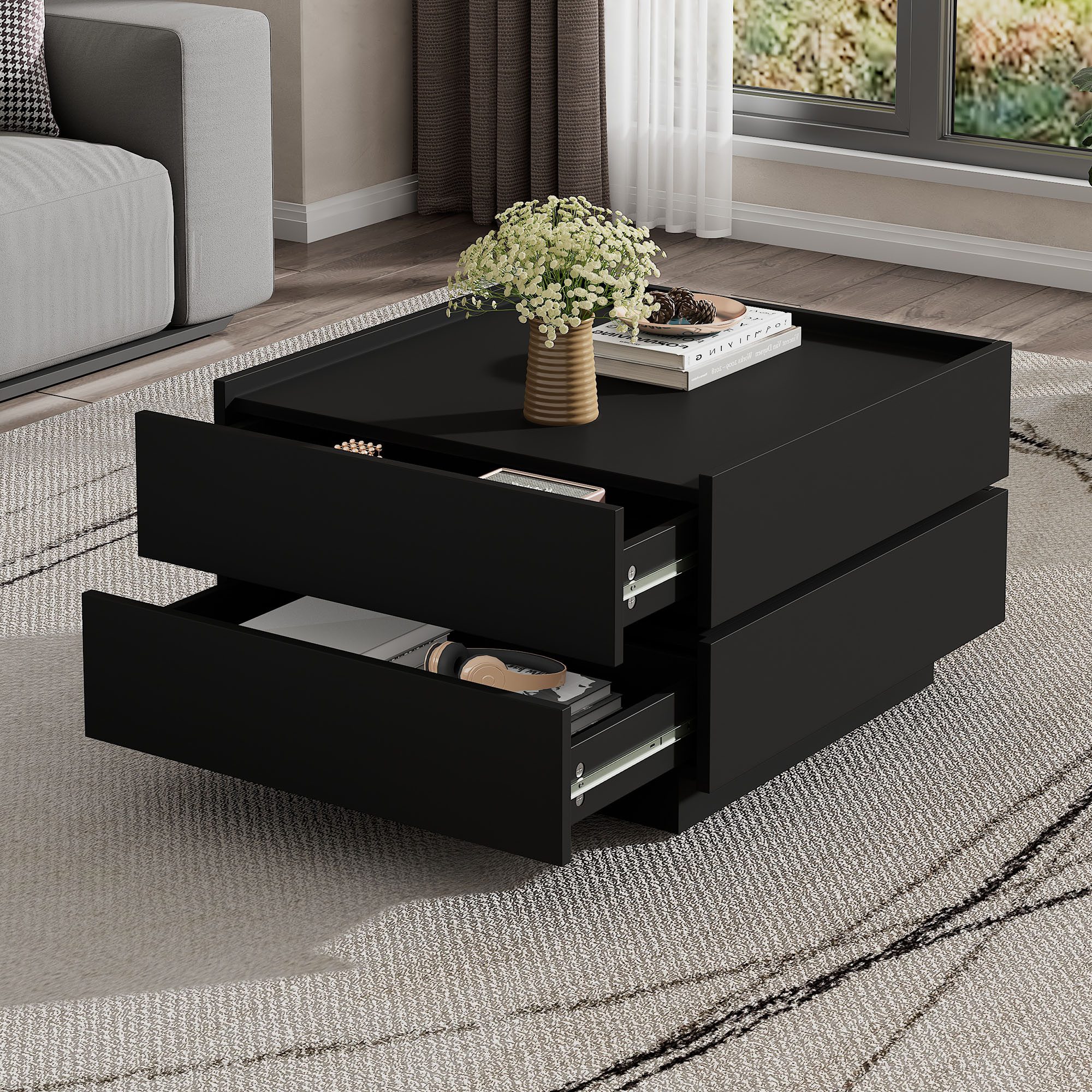 Merax Couchtisch mit drehbarer Tischplatte (60x60x38 cm), Wohnzimmertisch mit 2 Schubladen, Beistelltisch Kaffetisch Satztisch