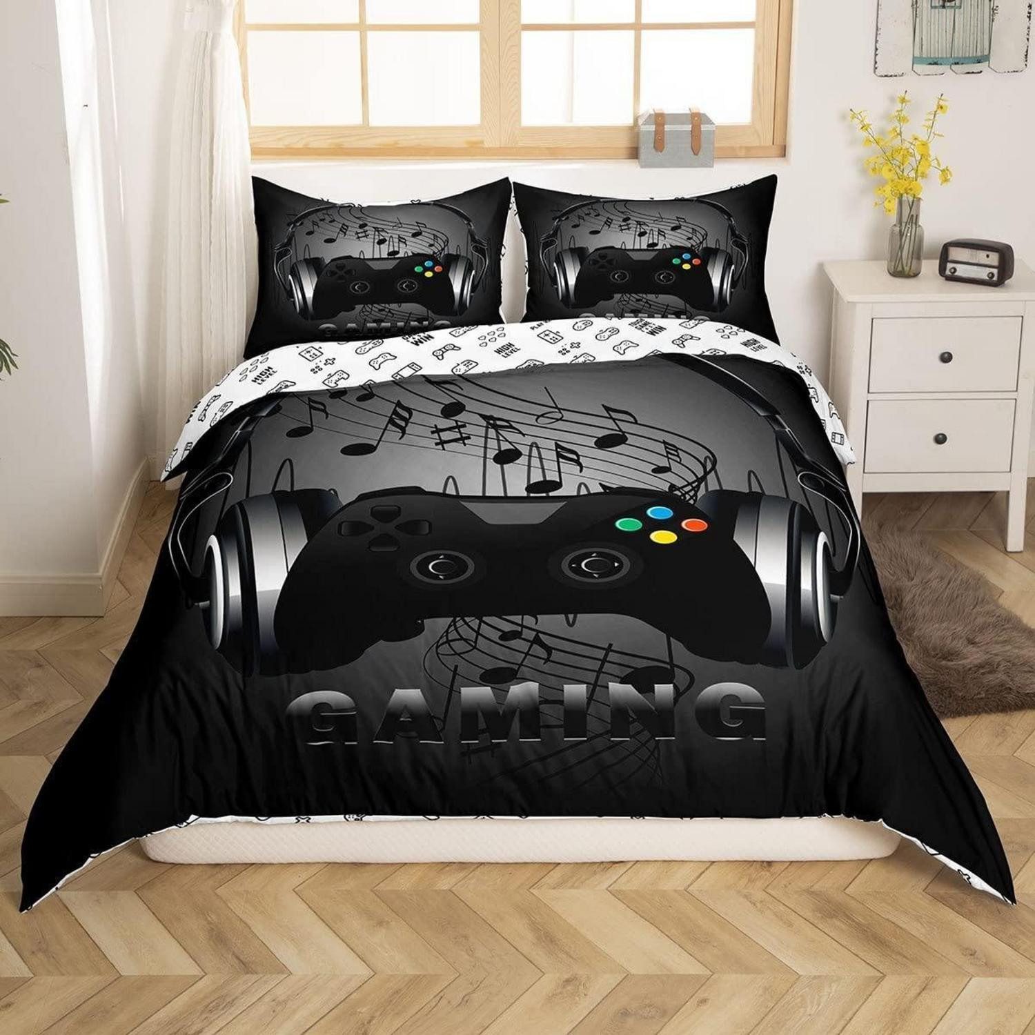 LuxusKollektion Jugendbettwäsche Bettwäsche Set Gaming Controller 155x220cm schwarz/grau