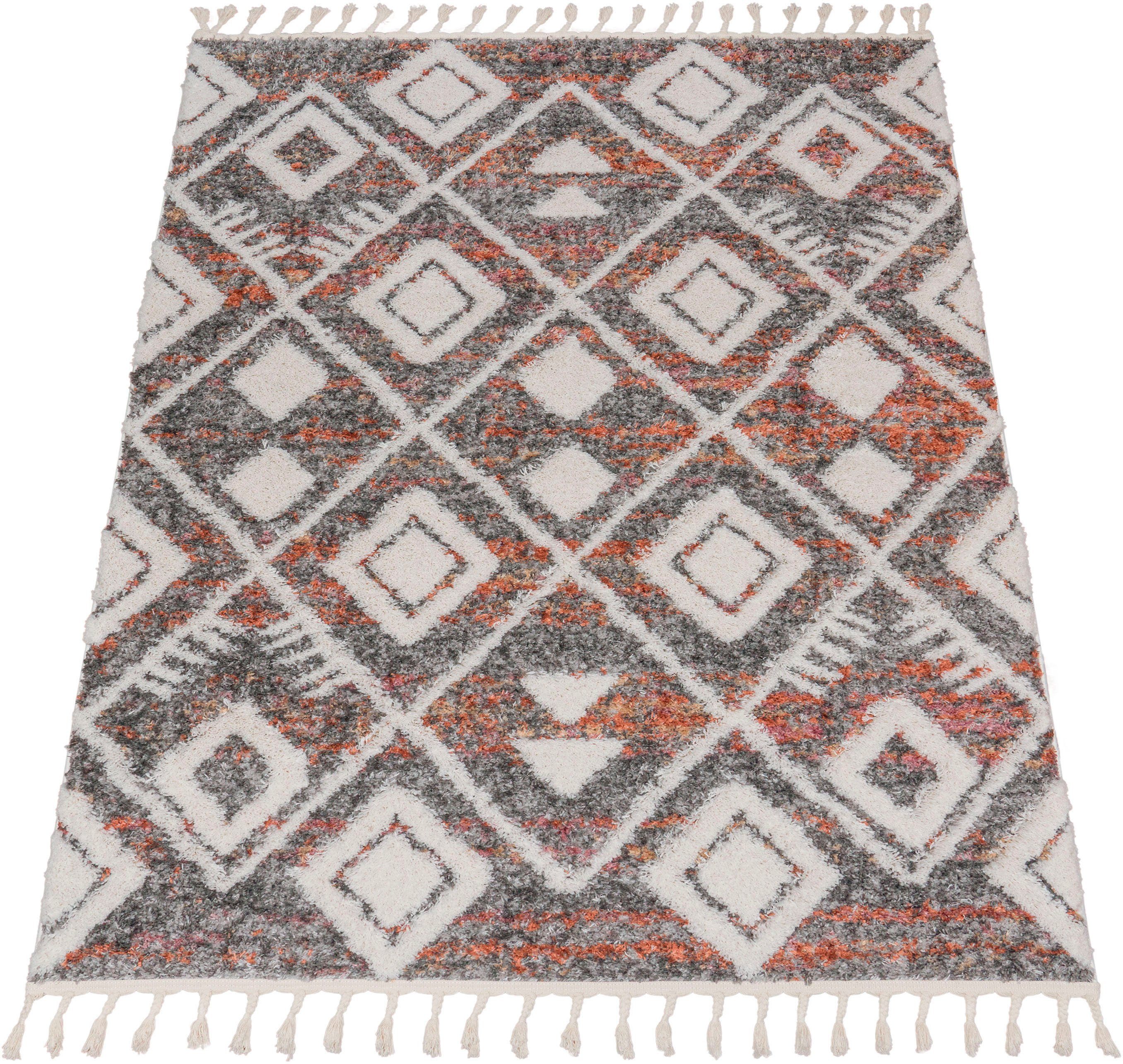 Paco Home Hochflor-Teppich Monza 654, rechteckig, Höhe: 34 mm, meliert, Rauten Muster, 3D-Effekt, mit Fransen