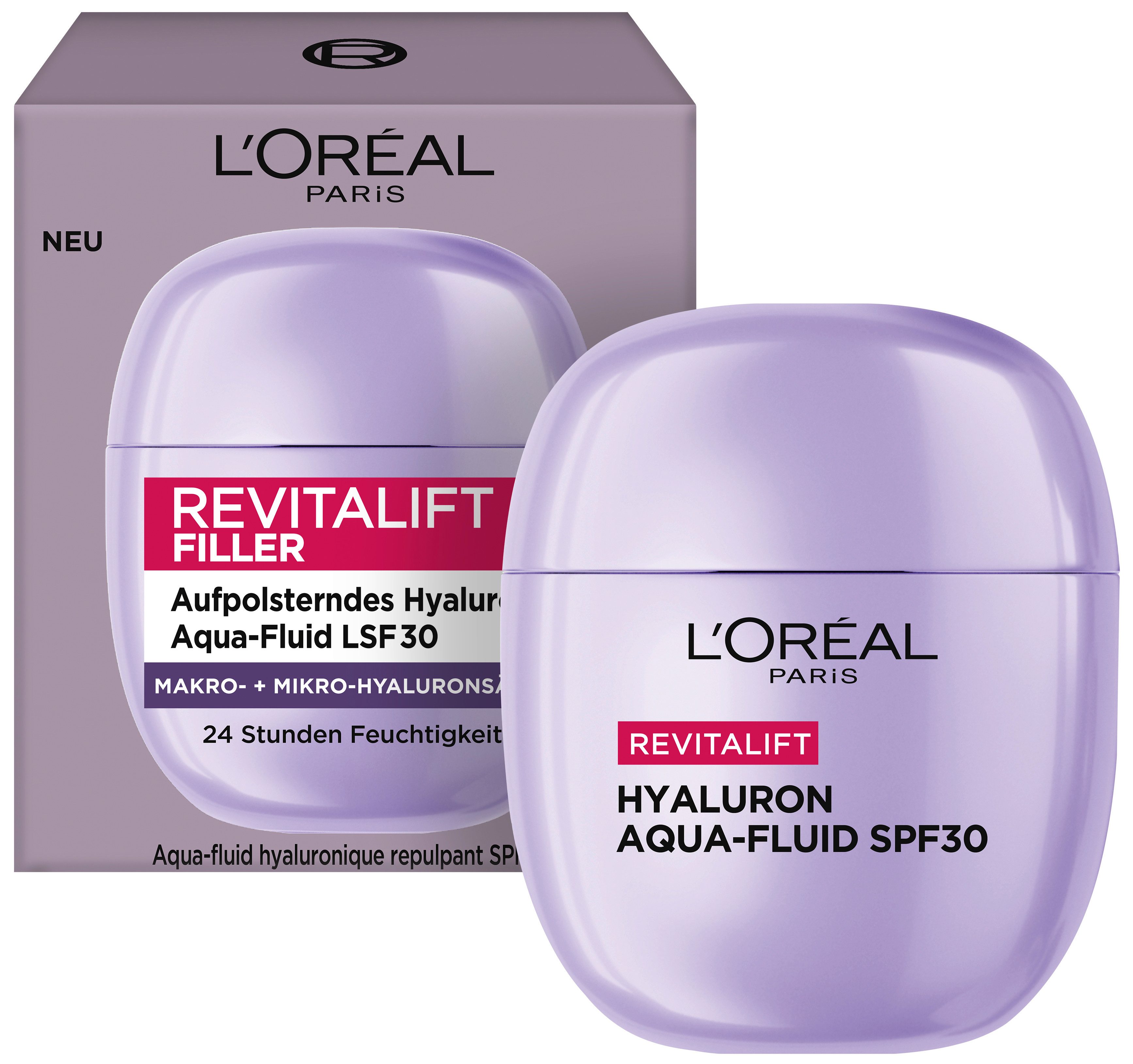 L'ORÉAL PARIS Gesichtsfluid REVITALIFT FILLER AUFPOLSTERNDES HYALURON AQUA-FLUID LSF 30, verfeinert das Hautbild