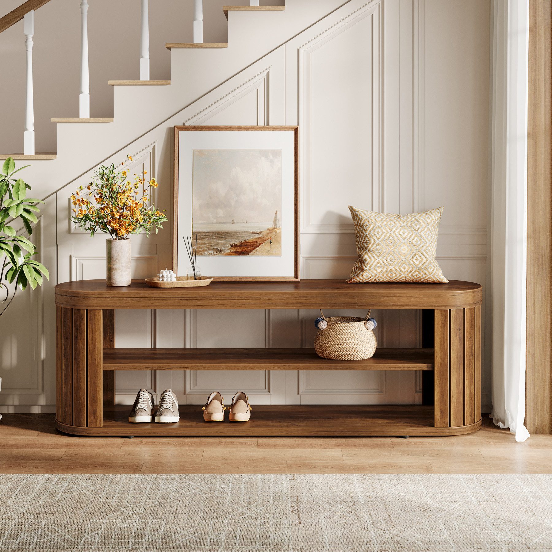 Tribesigns Schuhbank 120 cm Lange Holz-Eingangsbank mit zweistufigem Schuhregal (120x30x45cm), Esszimmerbank im Landhausstil mit verstellbaren Fußstützen – Bild 5 von 5