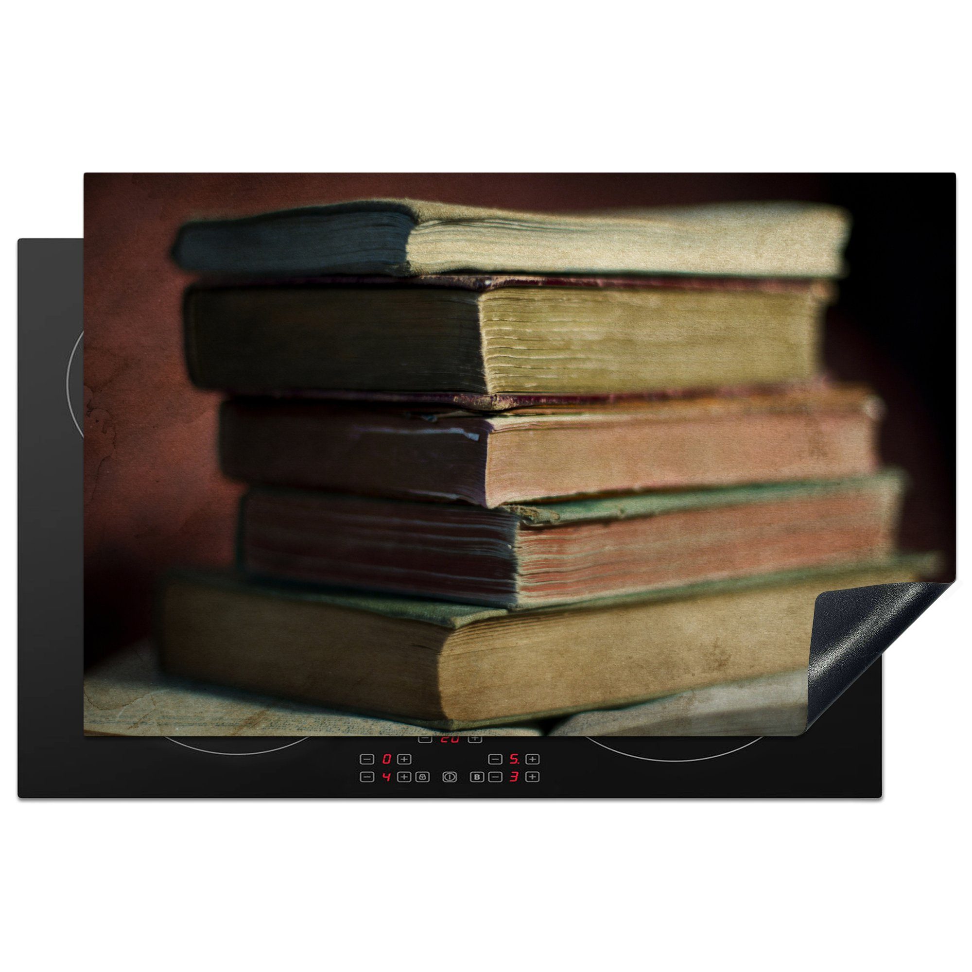MuchoWow Herdblende-/Abdeckplatte Fünf alte Bücher auf einem kleinen Tisch., Vinyl, (1 tlg), 81x52 cm, Induktionskochfeld Schutz für die küche, Ceranfeldabdeckung