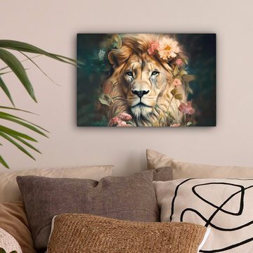 OneMillionCanvasses® Leinwandbild Löwe - Löwenkopf - Wilde Tiere - Blumen, (1 St), Wandbild Leinwandbilder, Aufhängefertig, Wanddeko, 30x20 cm