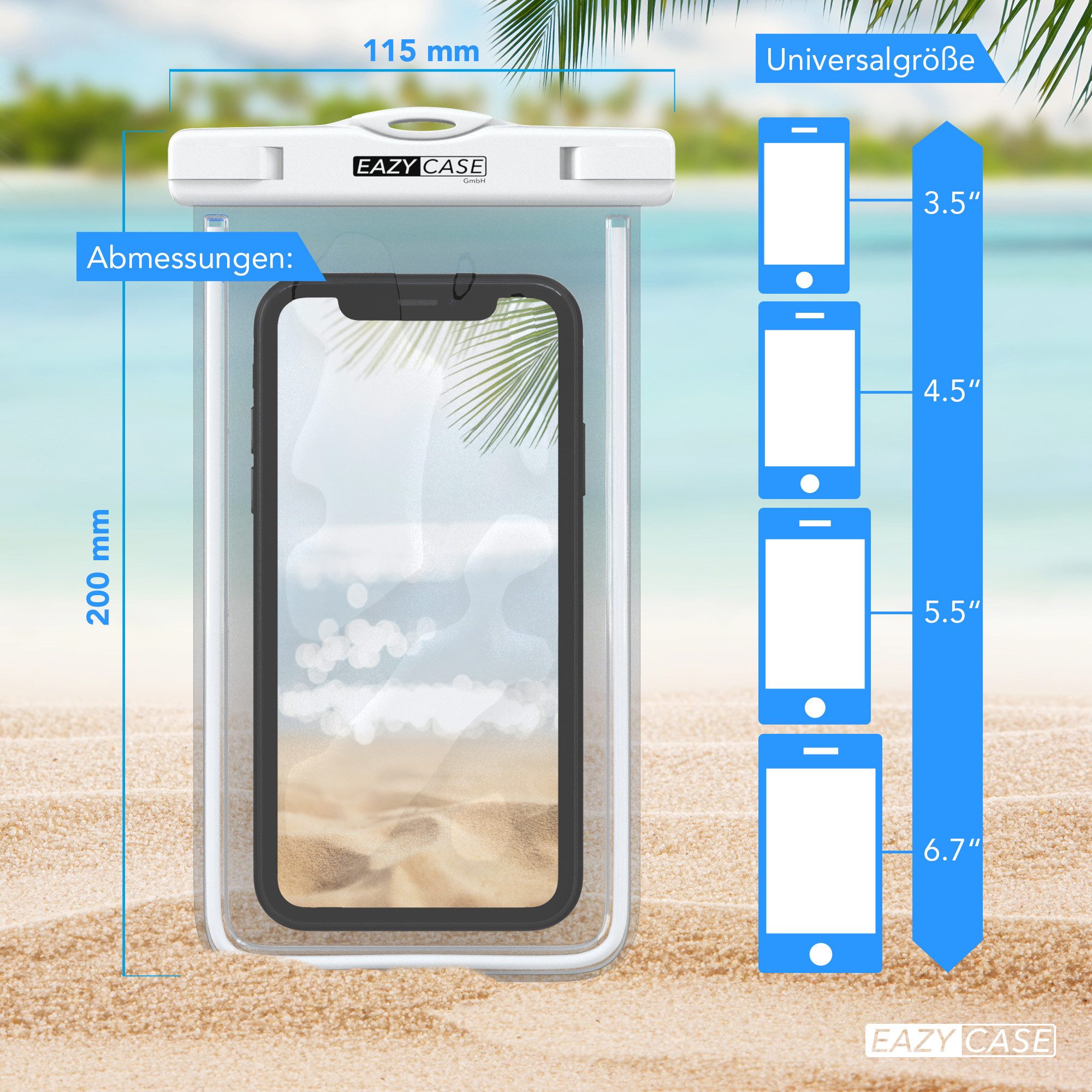 EAZY CASE Handyhülle Universale Unterwasser-Tasche für viele Modelle 3,5 - 6,7 Zoll, Unterwasser Taschen Wasser Schutzhülle mit Band Unterwasser Fotos Weiß
