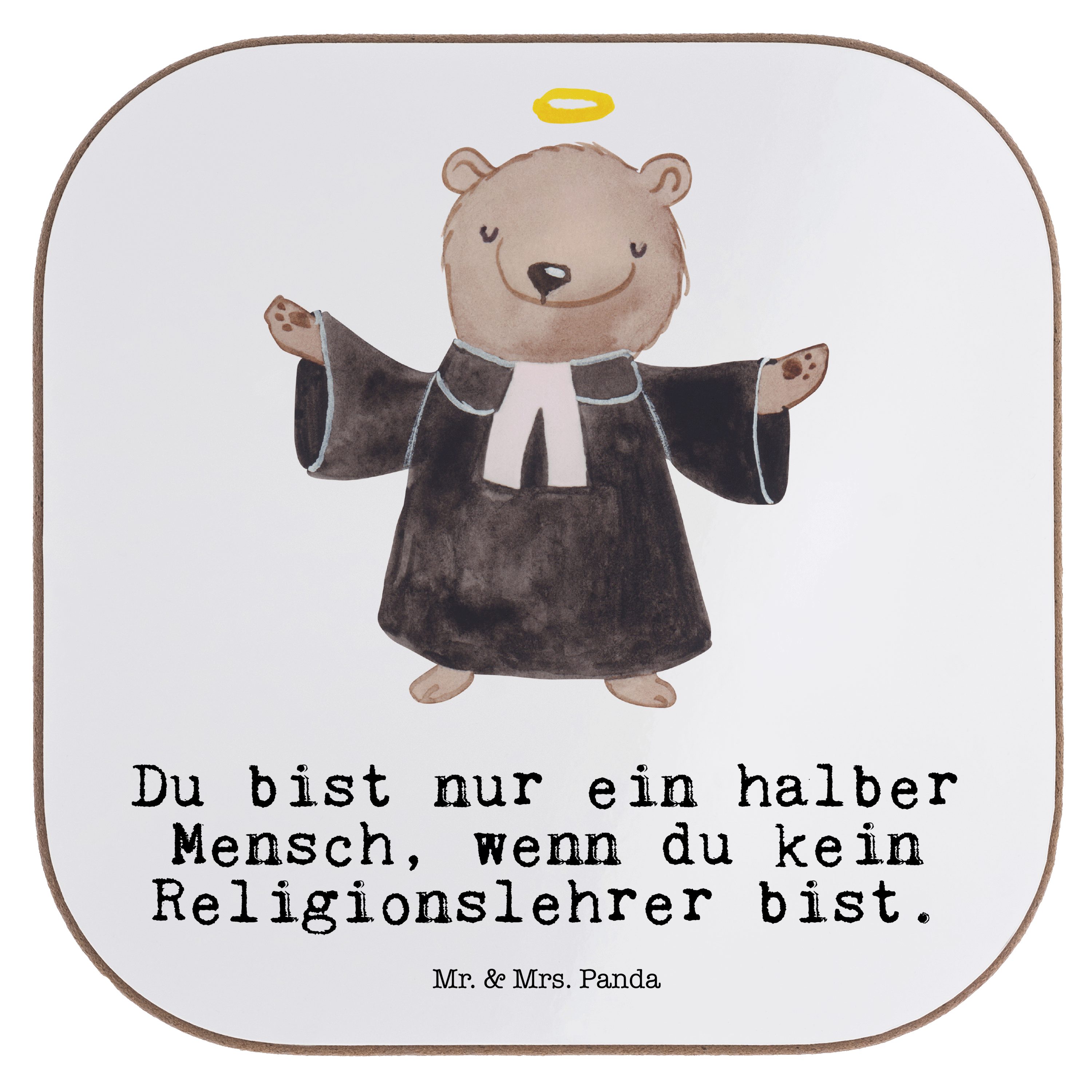 Mr. & Mrs. Panda Getränkeuntersetzer Religionslehrer mit Herz - Weiß - Geschenk, Getränkeuntersetzer, Glas, 1-tlg.
