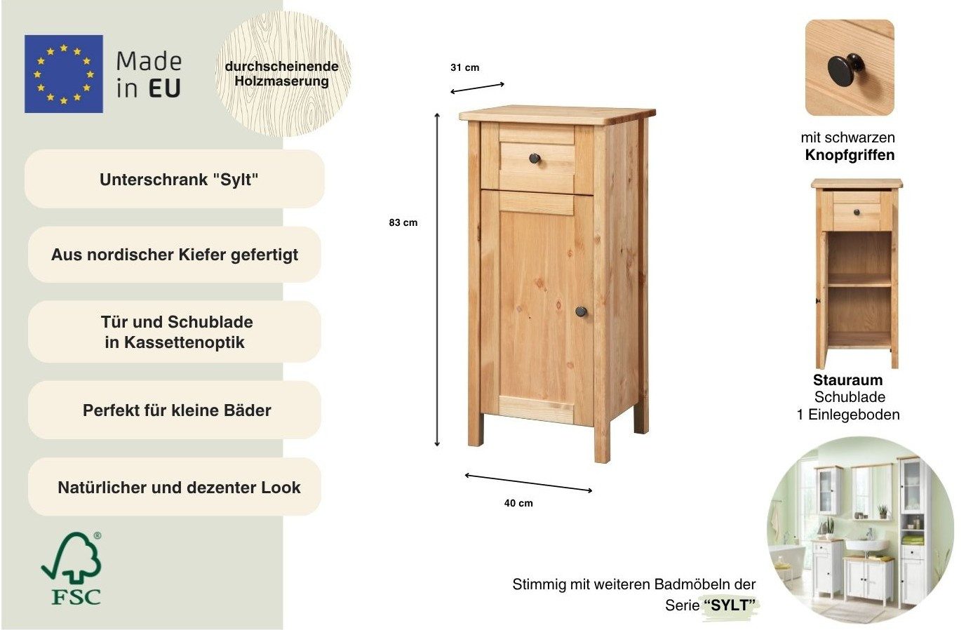 welltime Unterschrank Sylt Breite 40 cm, aus Massivholz Kiefer