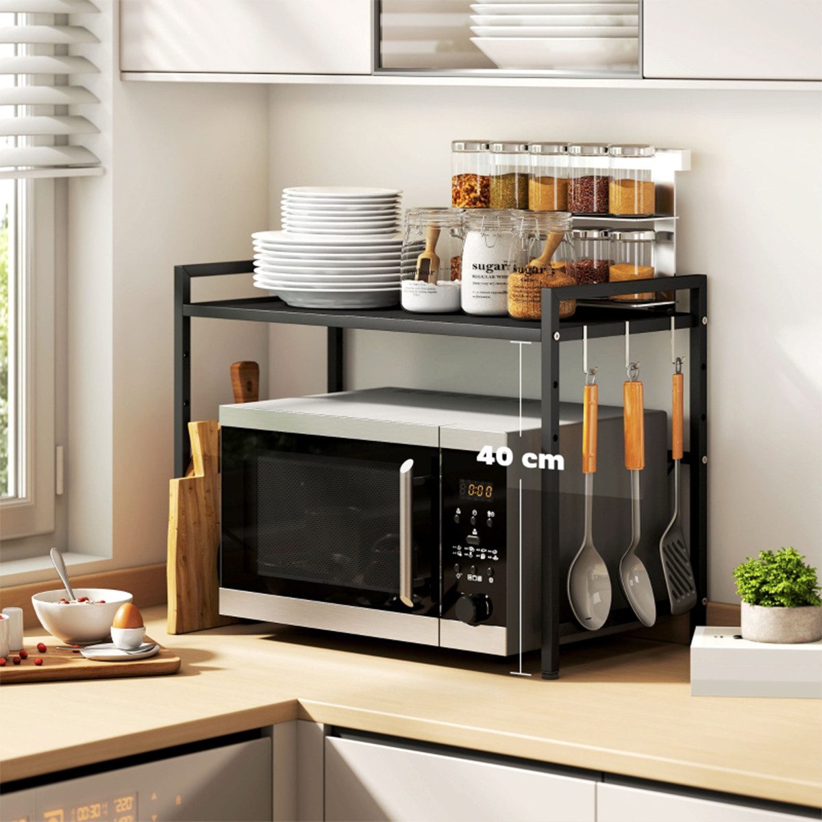 XDeer Standregal Mikrowellenregal mit 3 Haken Ausziehbar Mikrowelle Ständer, Küchenorganizer Mikrowellenschrank Standregal Schwarz