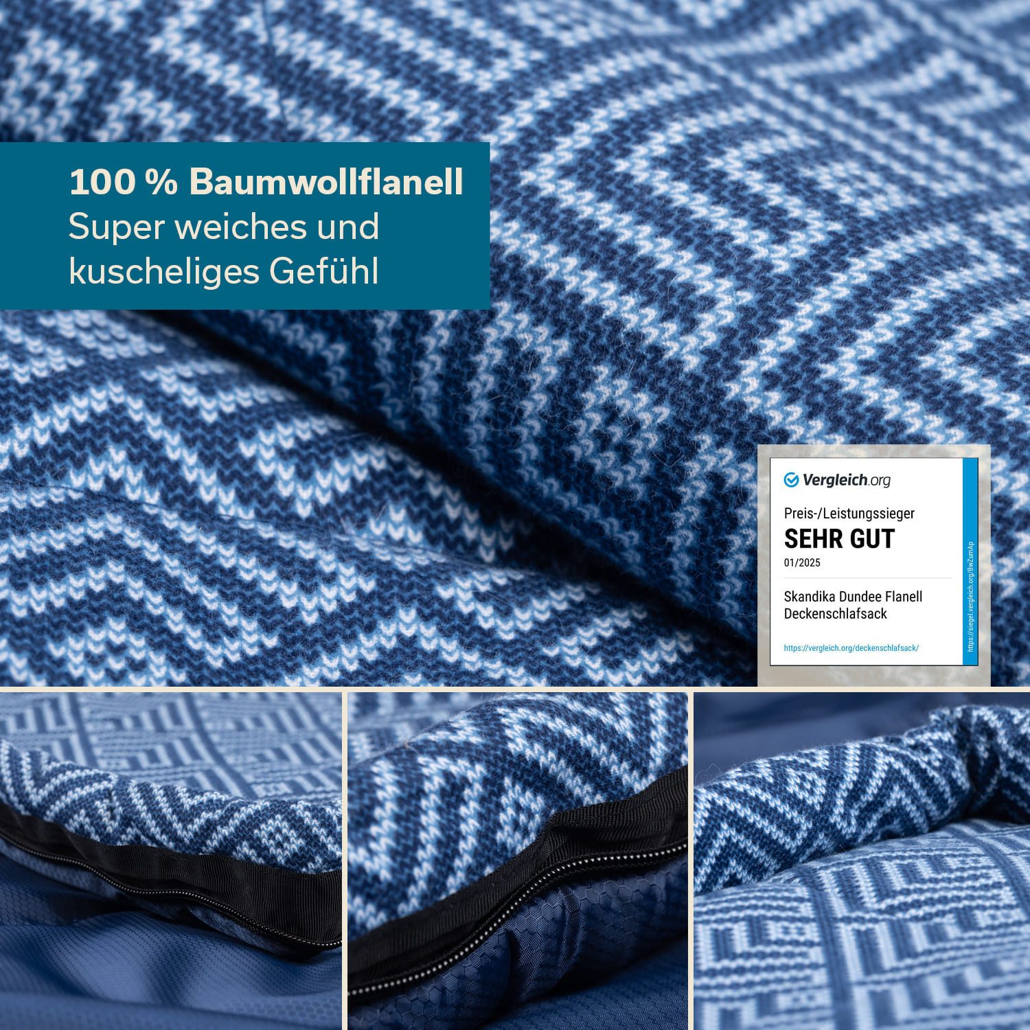 Skandika Kinderschlafsack Dundee Junior, 2-Wege Reißverschluss, Innentasche mit Klett, Packsack (Wärmeisolierender Stoffsteg gegen Kältebrücke), Baumwollflanell, wasserabweisend, 3 Jahreszeiten, bis -15 °C