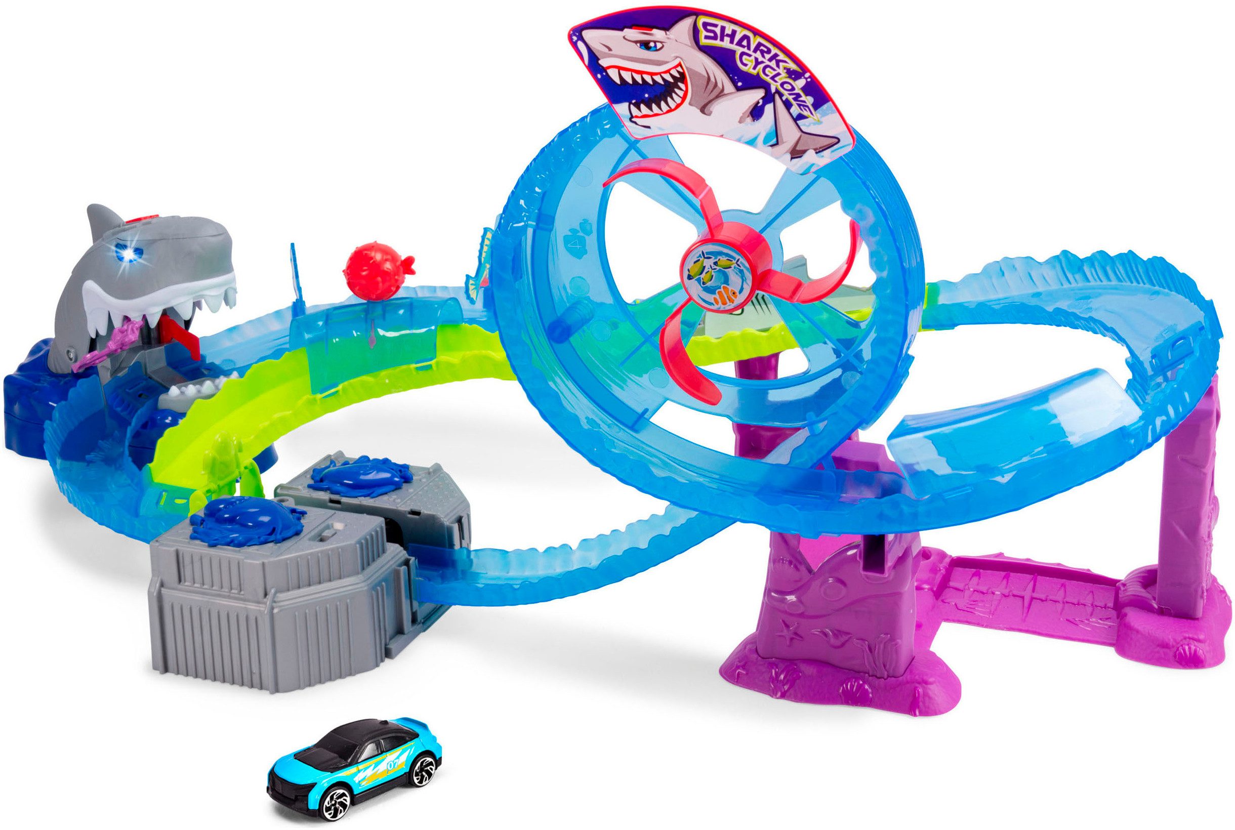 Dickie Toys Autorennbahn White Shark, inklusive Spielzeugauto; mit Licht und Sound
