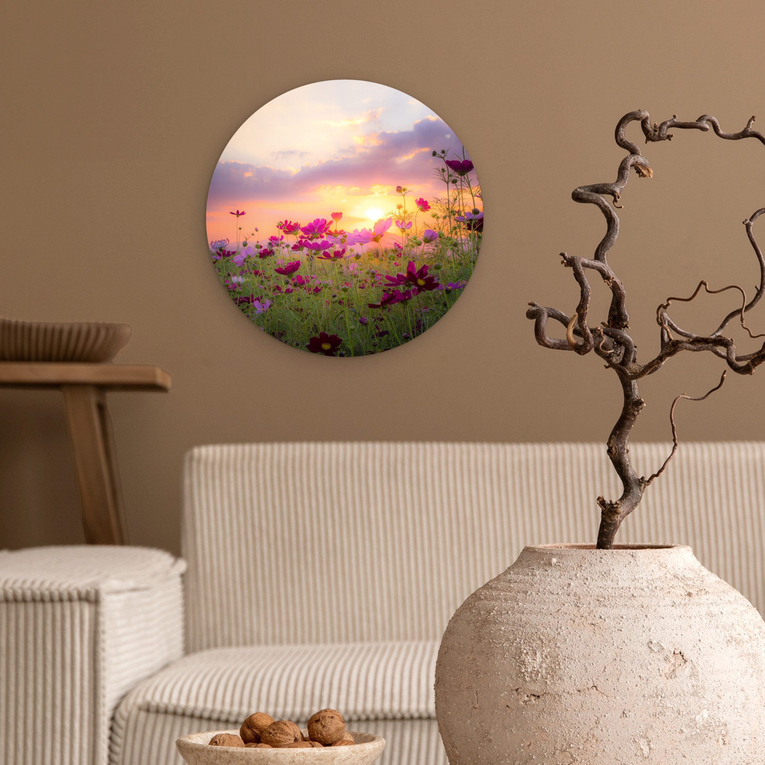 MuchoWow Gemälde Blumen - Rosa - Sonnenuntergang - Natur - Wiese - Horizont, Fotodruck (1 St), Kreis Wanddekoration, Rundes Wandbild, 30x30 cm