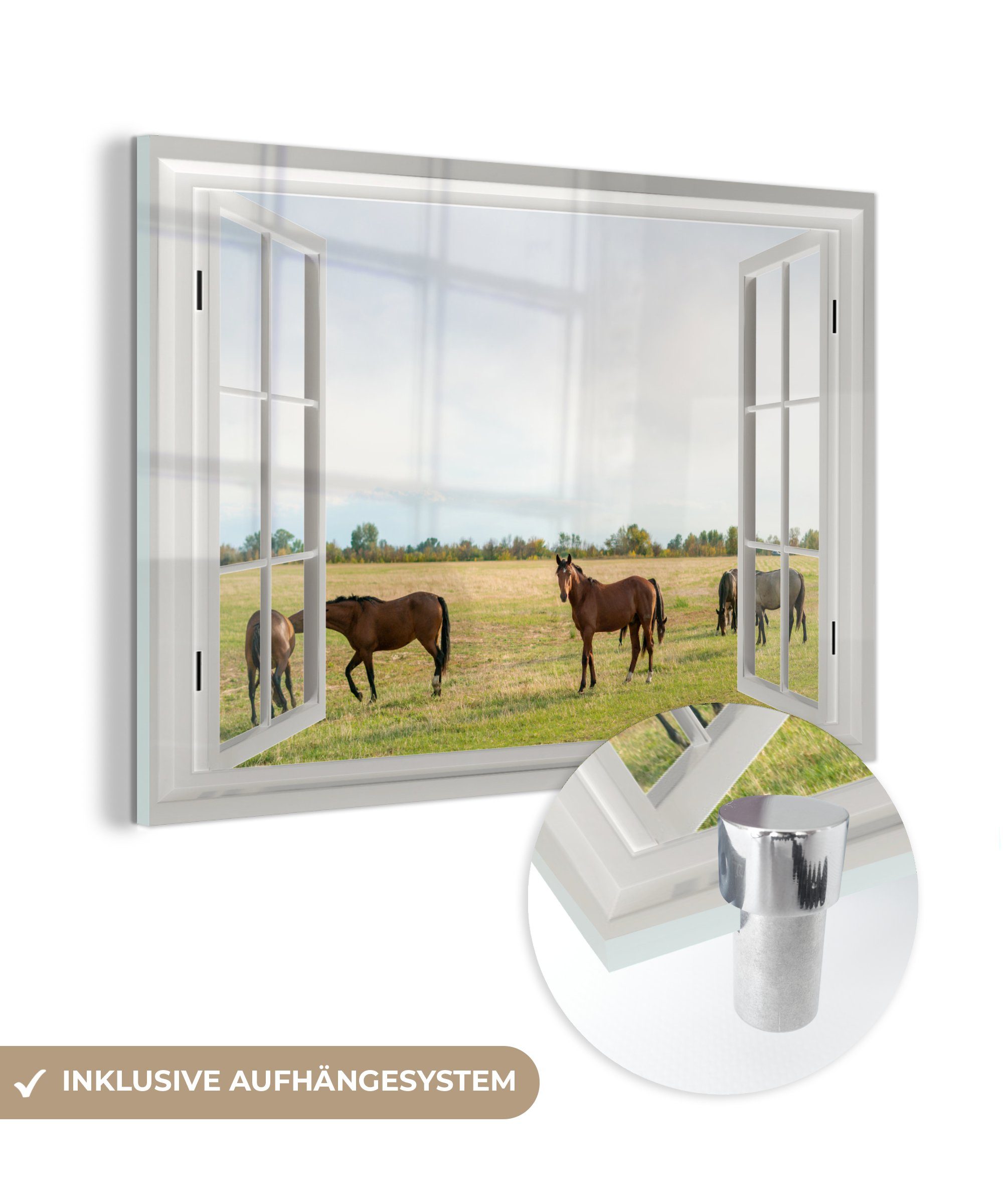 MuchoWow Acrylglasbild Aussicht - Pferde - Gras, (1 St), Glasbilder - Bilder auf Glas Wandbild - Foto auf Glas - Wanddekoration