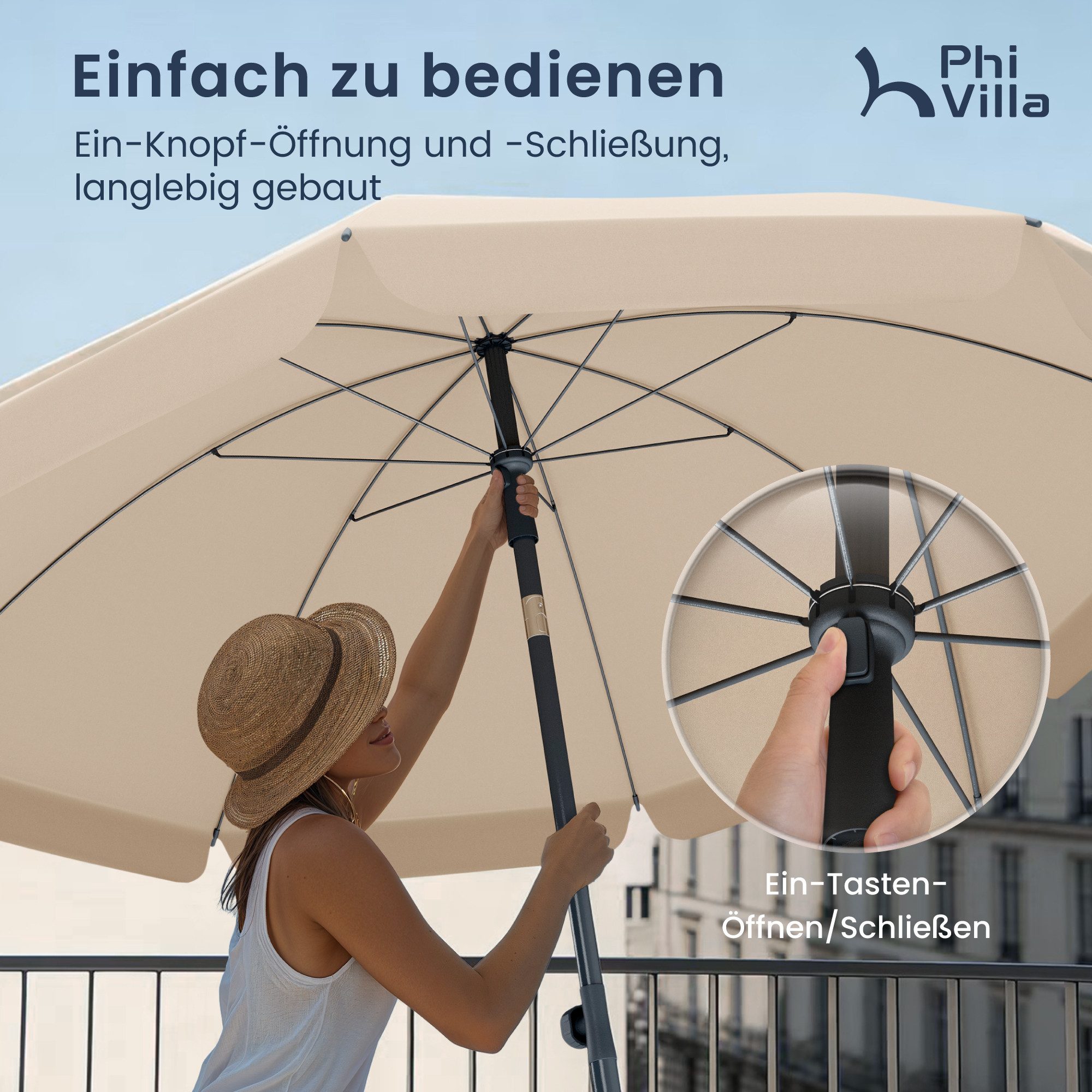 PHI VILLA Sonnenschirm, Höhenverstellbar mit Hülle & Klemme, Strandschirm Kippbar Windfest Stabil zum Mitnehmen