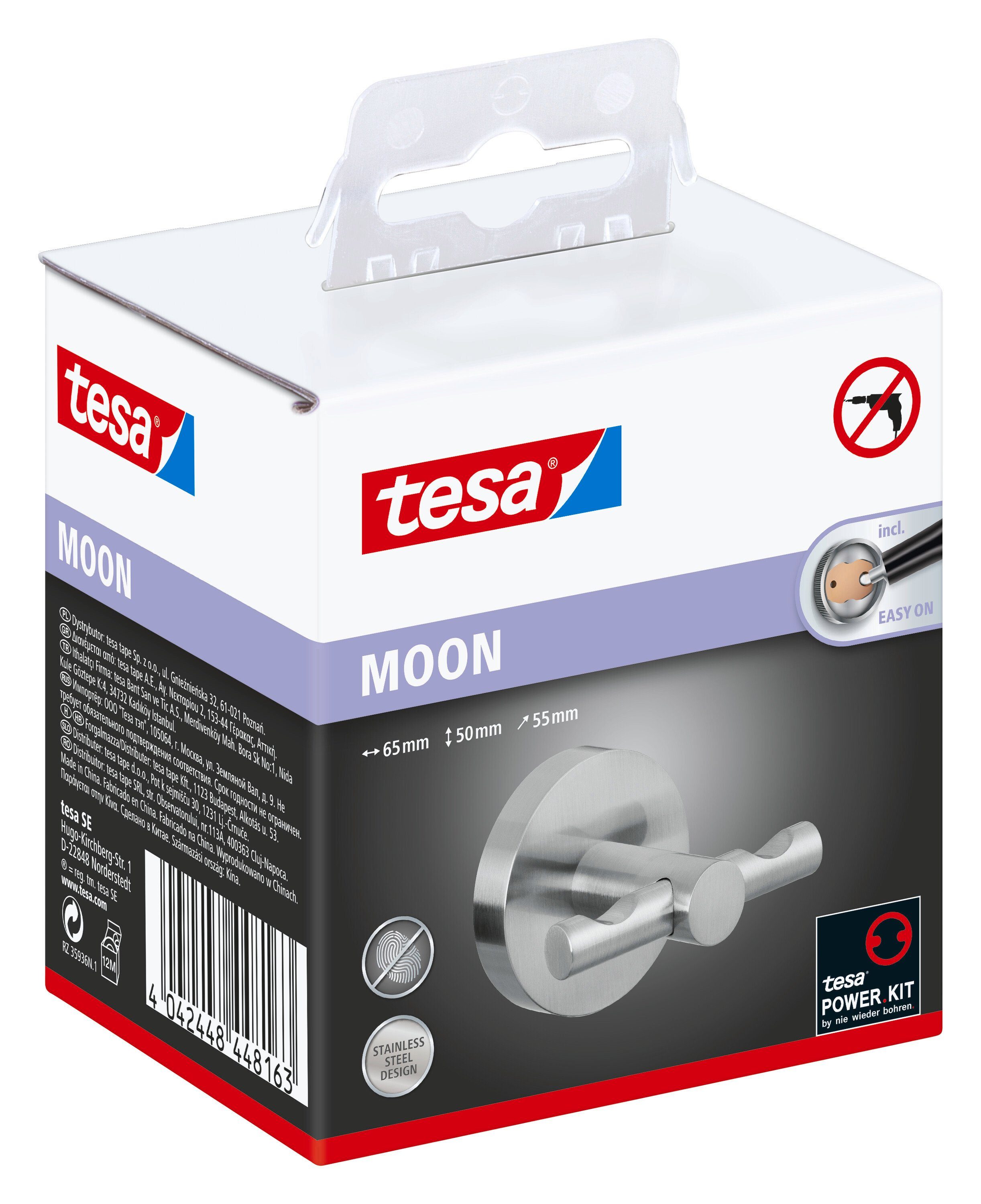 tesa Handtuchhaken MOON Bademantelhaken Edelstahl, Badezimmer, Gäste-WC, Wandmontage, (Packung, 1-St., inkl. Klebelösung), Handtuchhalterung selbstklebend & ohne Bohren - silber matt