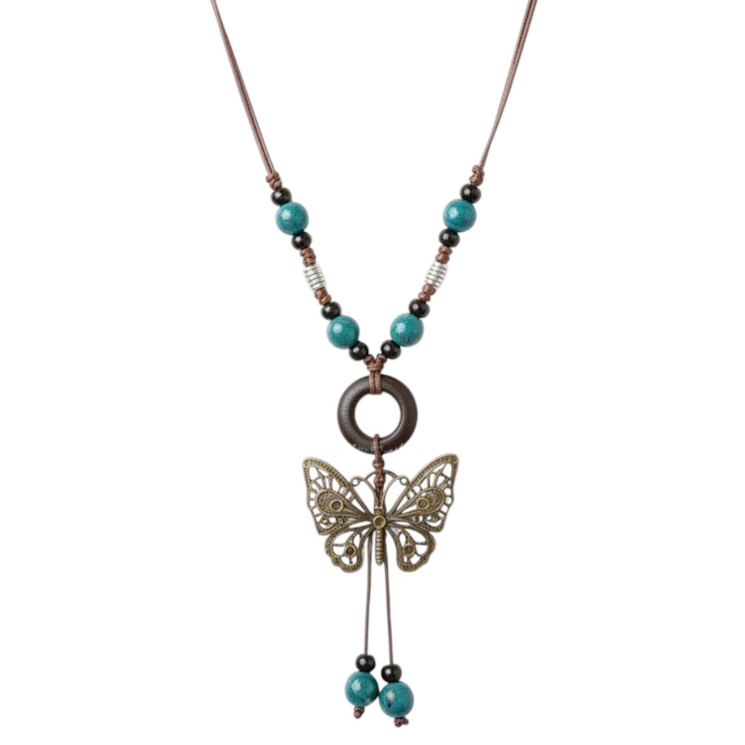 KARMA Lange Kette Schmetterling 110 cm Damen Braun Textil Kette (1-tlg., Statementkette modern), Boho Textilkette Schmetterlingkette Pulloverkette