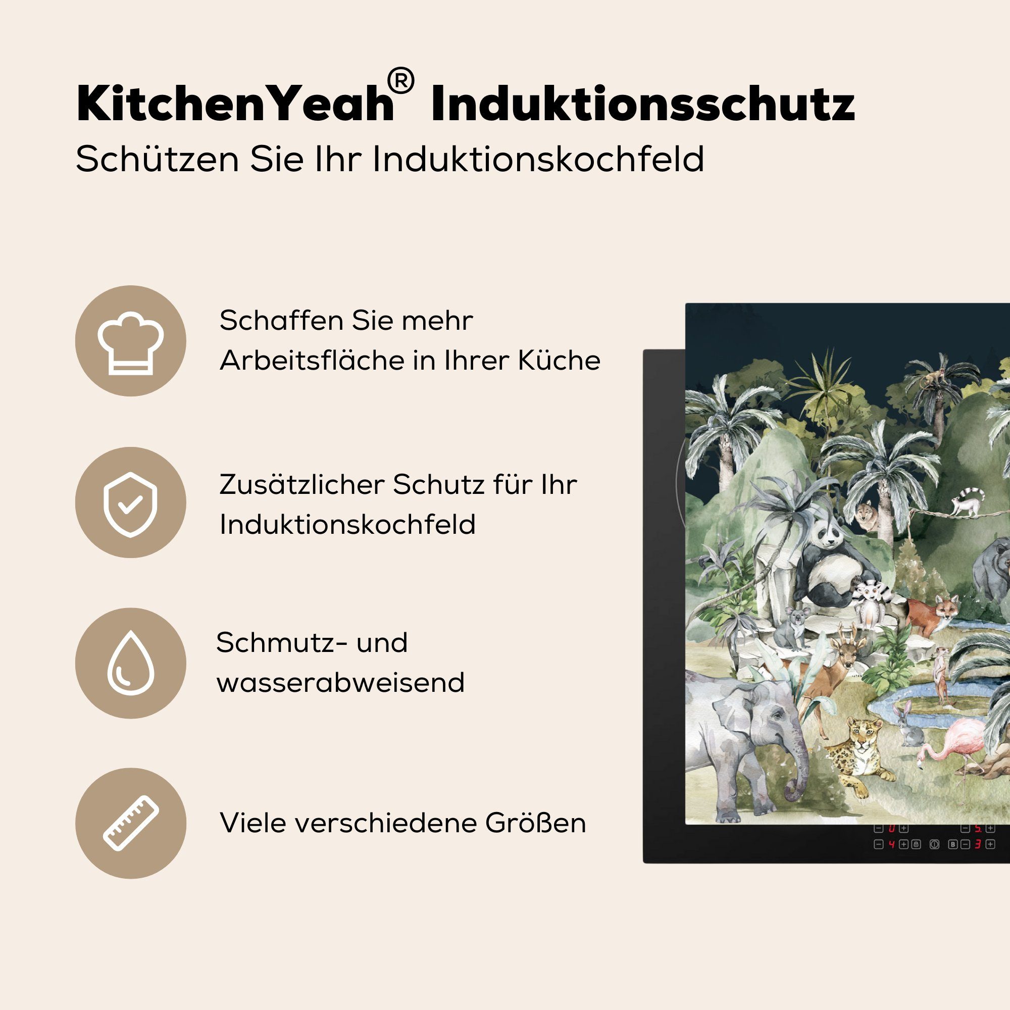 MuchoWow Herdblende-/Abdeckplatte Kinder küche, Dschungel Schutz cm, (1 Vinyl, für die 81x52 Tiere tlg), Natur - - Pflanzen, Induktionskochfeld - Ceranfeldabdeckung 